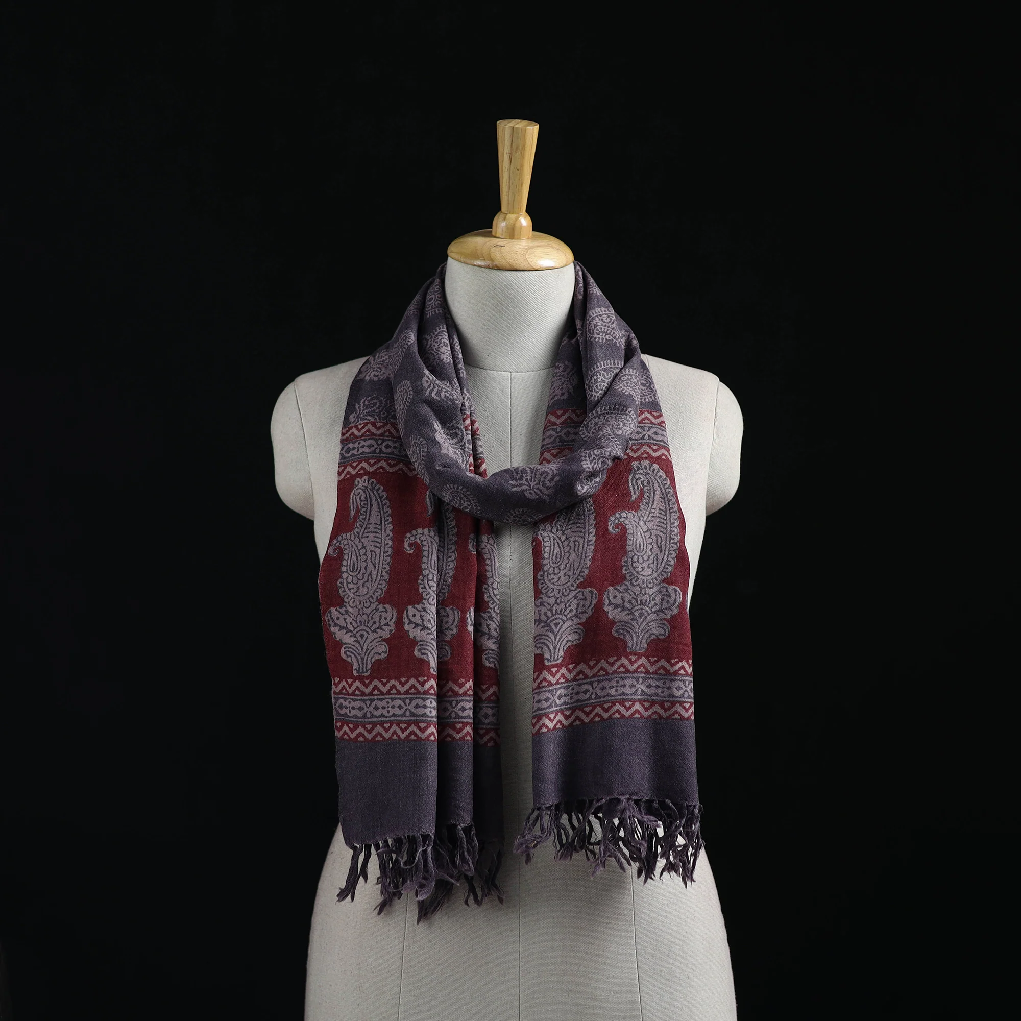 Handwoven Merino Wool Natural Dyed Hand Block Bagh Print Stole 14