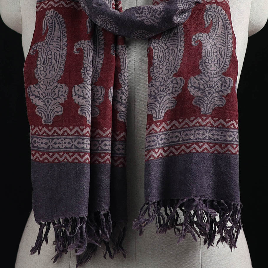Handwoven Merino Wool Natural Dyed Hand Block Bagh Print Stole 14 - Image 2