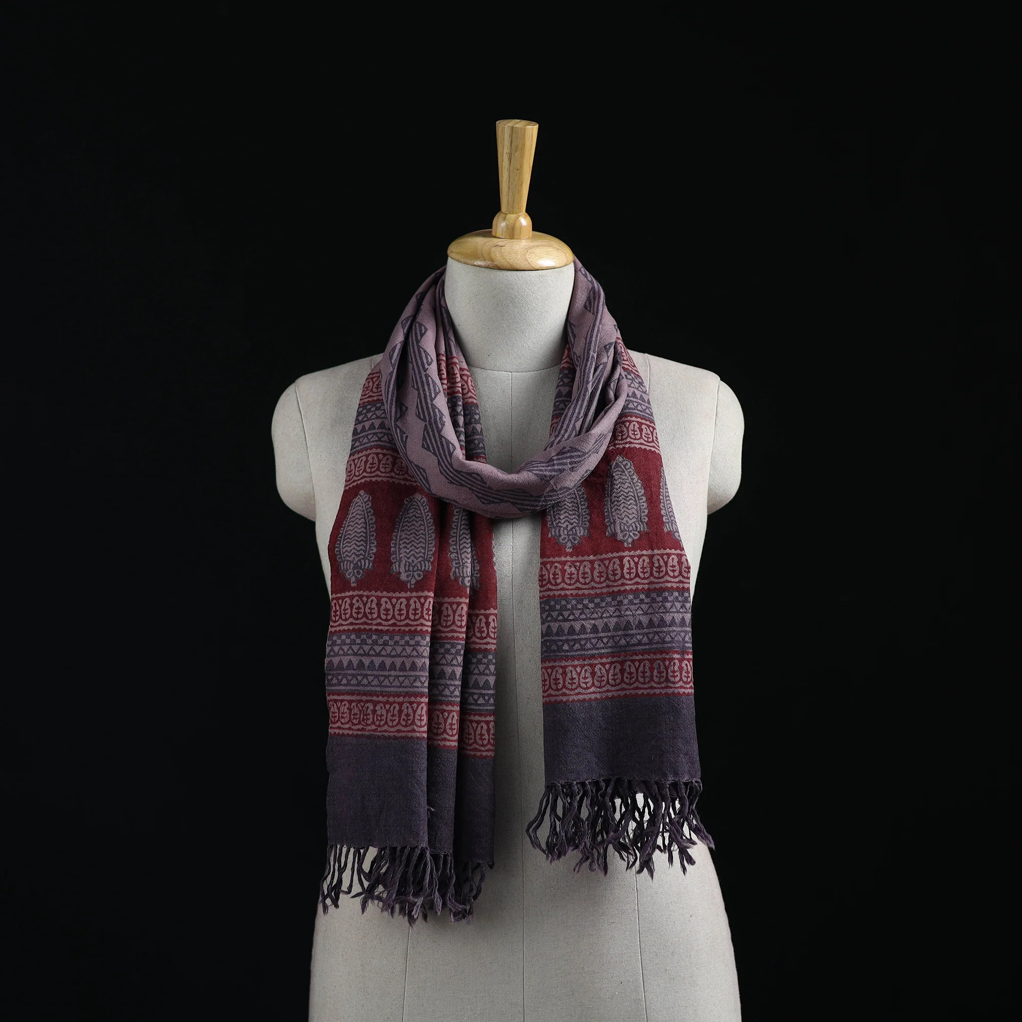 Handwoven Merino Wool Natural Dyed Hand Block Bagh Print Stole 16