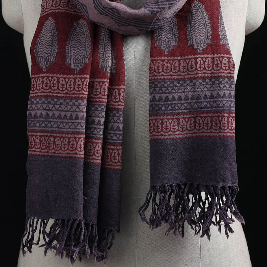 Handwoven Merino Wool Natural Dyed Hand Block Bagh Print Stole 16 - Image 2