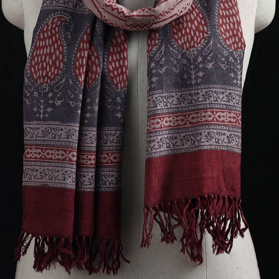 Handwoven Merino Wool Natural Dyed Hand Block Bagh Print Stole 17 - Image 2