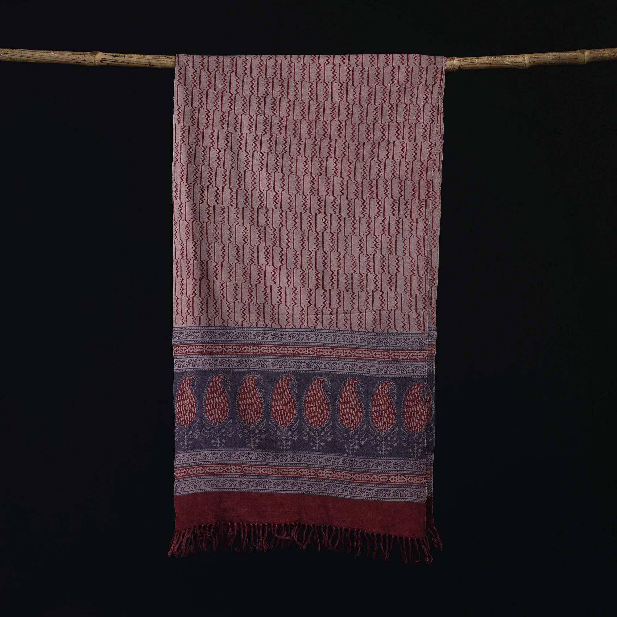 Handwoven Merino Wool Natural Dyed Hand Block Bagh Print Stole 17 - Image 3