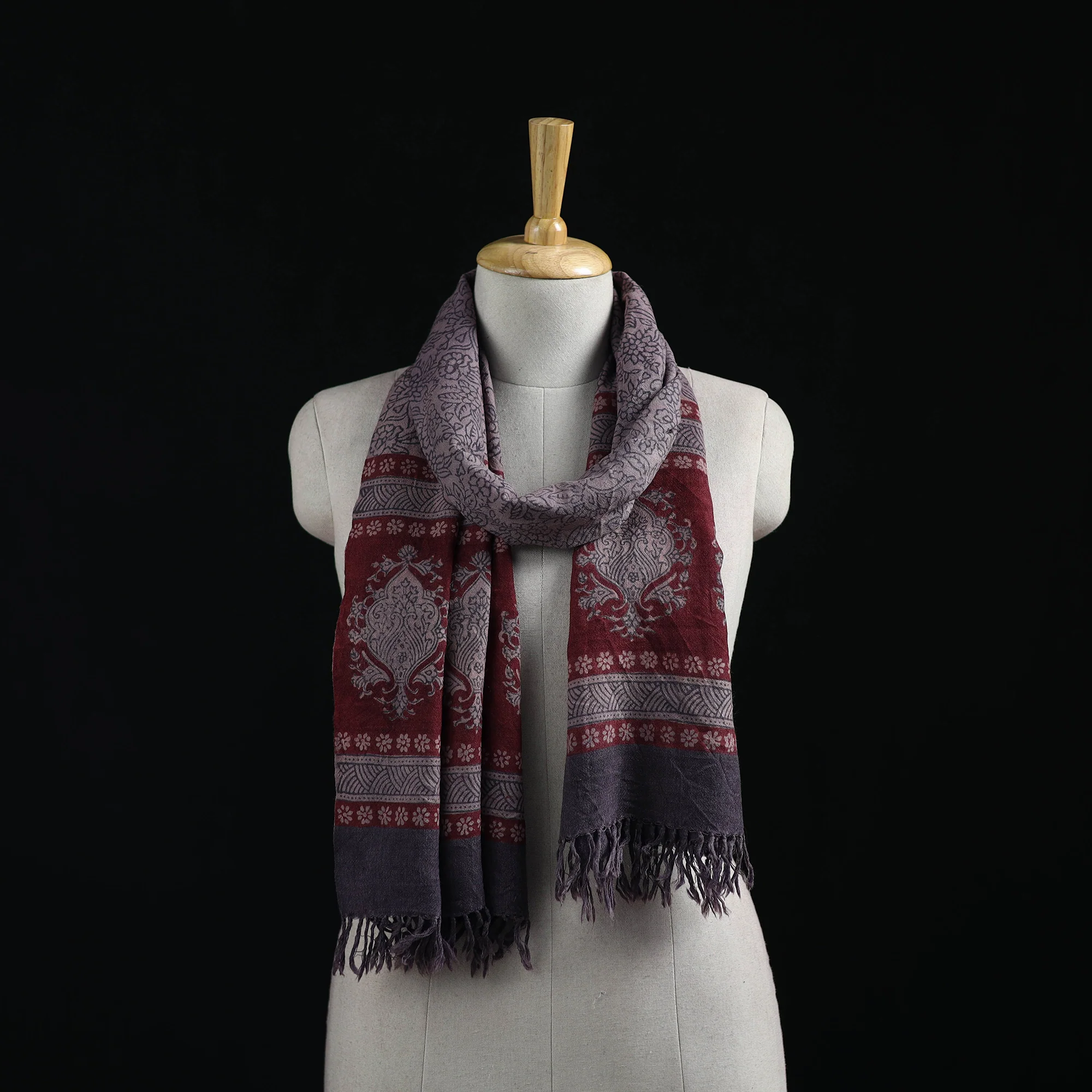 Handwoven Merino Wool Natural Dyed Hand Block Bagh Print Stole 19
