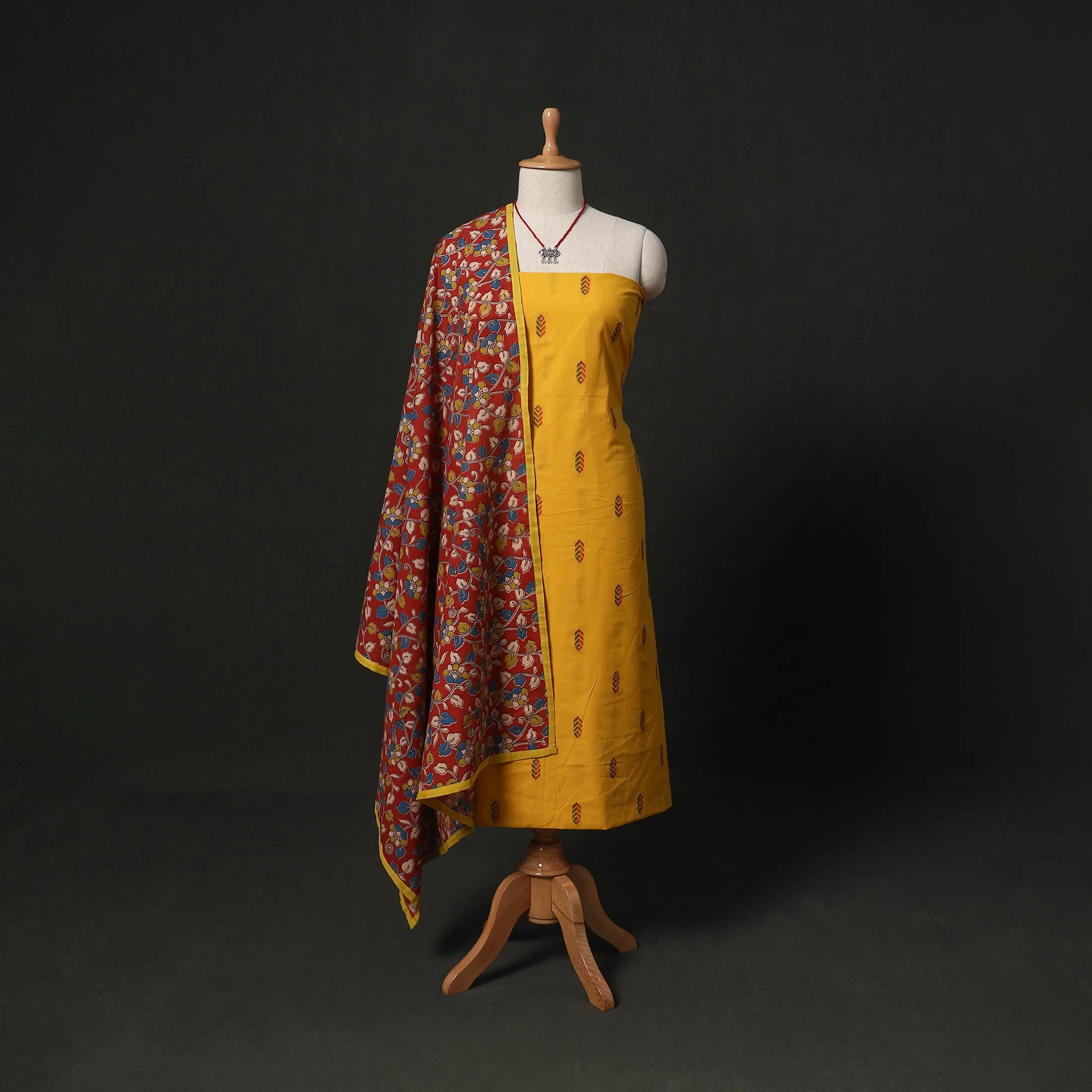 Yellow - Jacquard Cotton 2pc Unstitched Dress Material Kurta Set with Jewellery Set 11