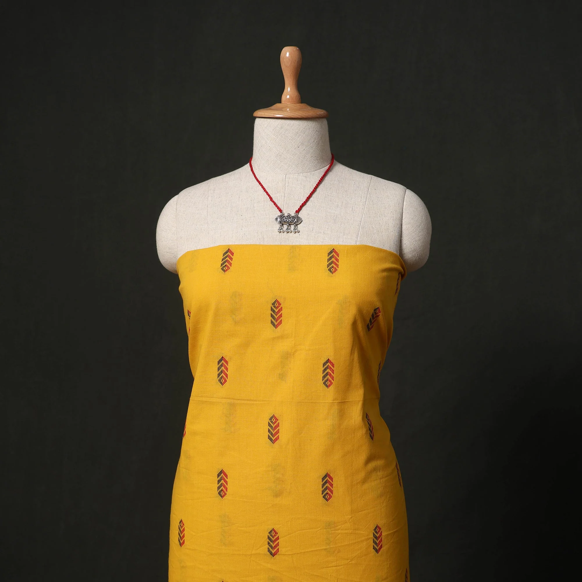 Yellow - Jacquard Cotton 2pc Unstitched Dress Material Kurta Set with Jewellery Set 11 - Image 2