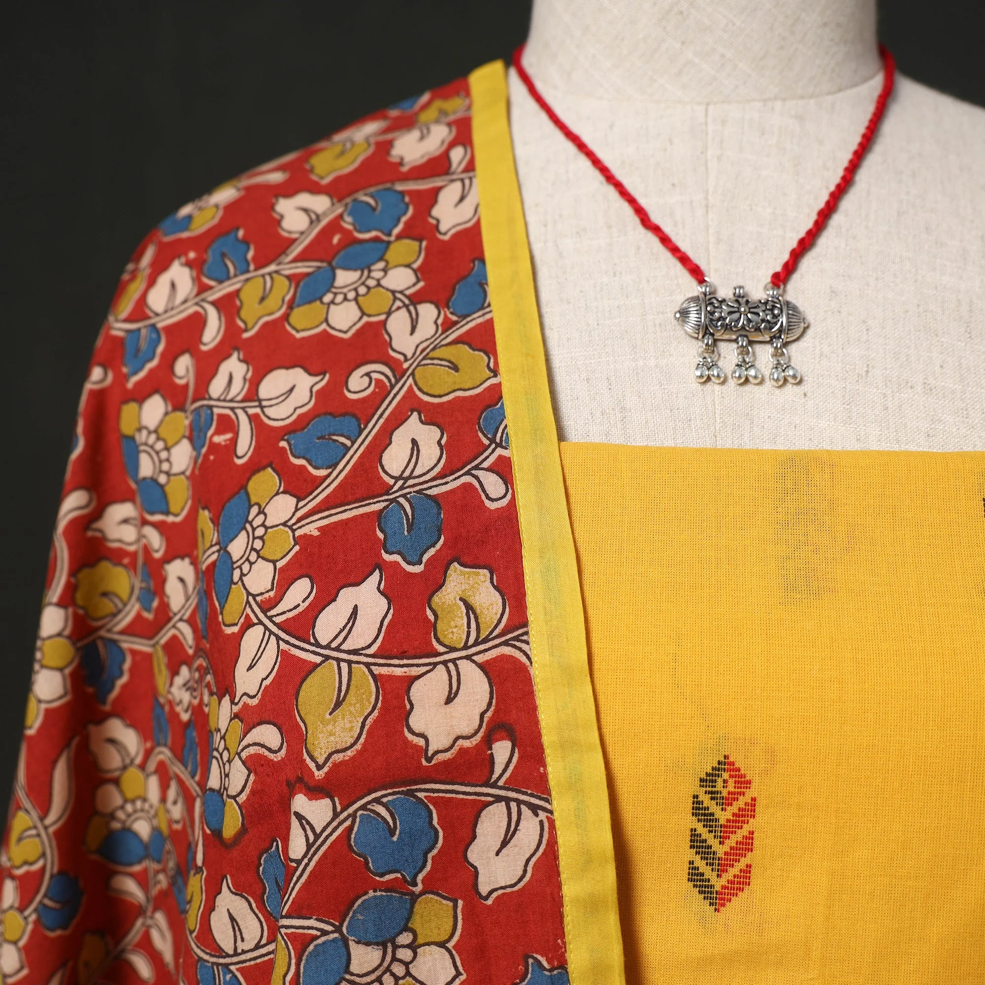 Yellow - Jacquard Cotton 2pc Unstitched Dress Material Kurta Set with Jewellery Set 11 - Image 3