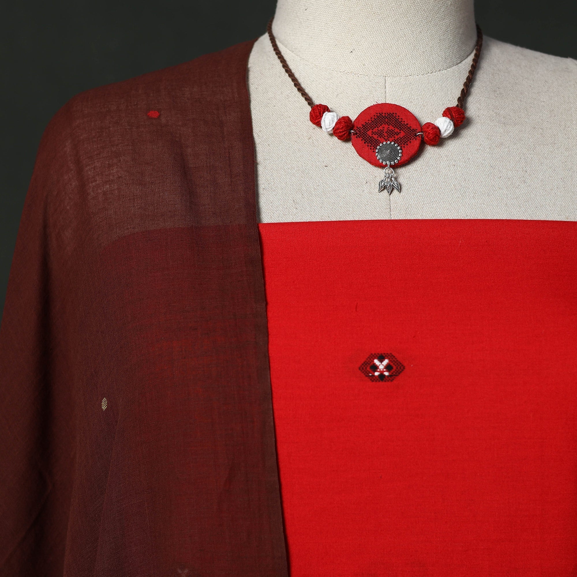 Red - Jacquard Cotton 2pc Unstitched Dress Material with Jewellery Set 02 - Image 3