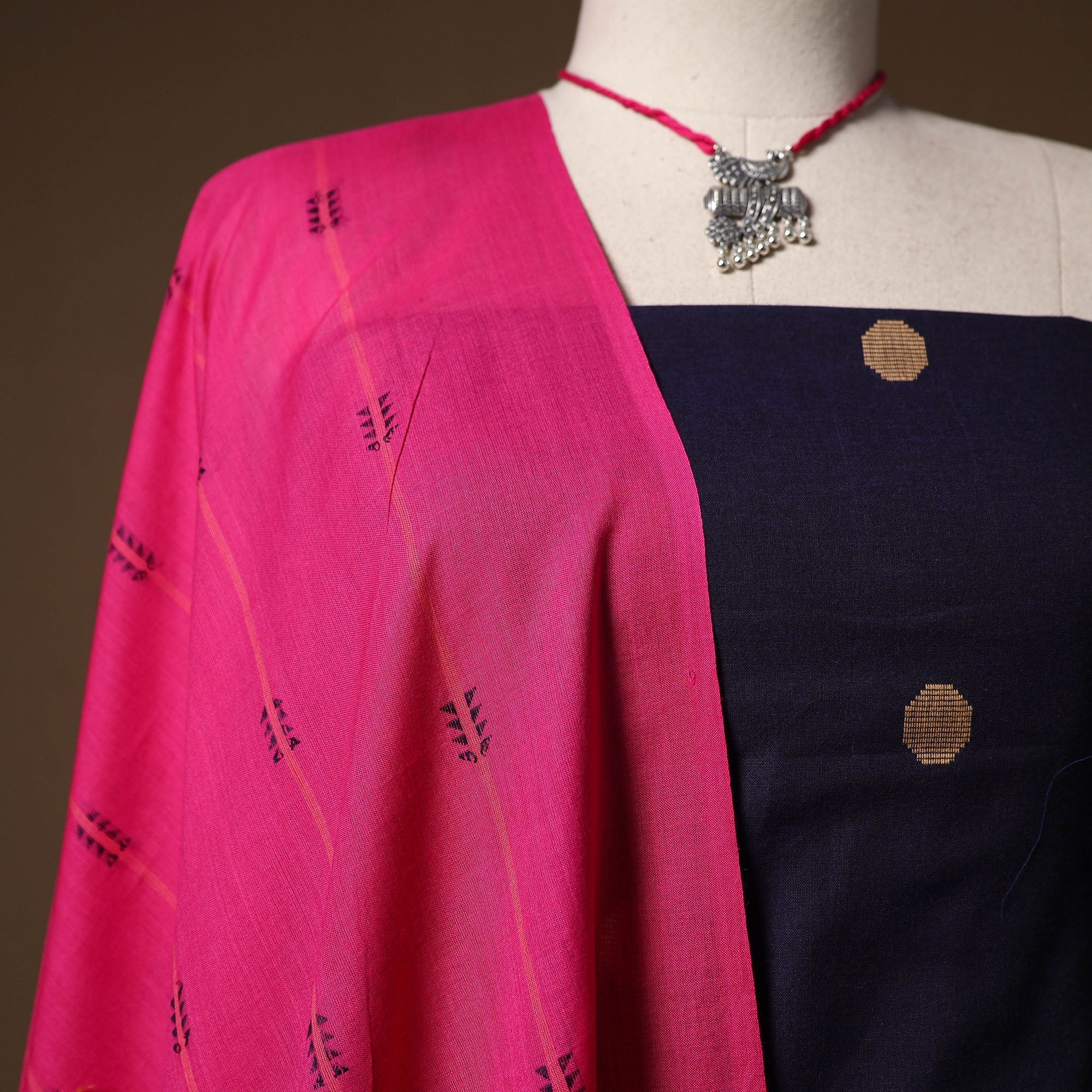 Blue - Jacquard Cotton 2pc Unstitched Dress Material with Jewellery Set 05 - Image 3