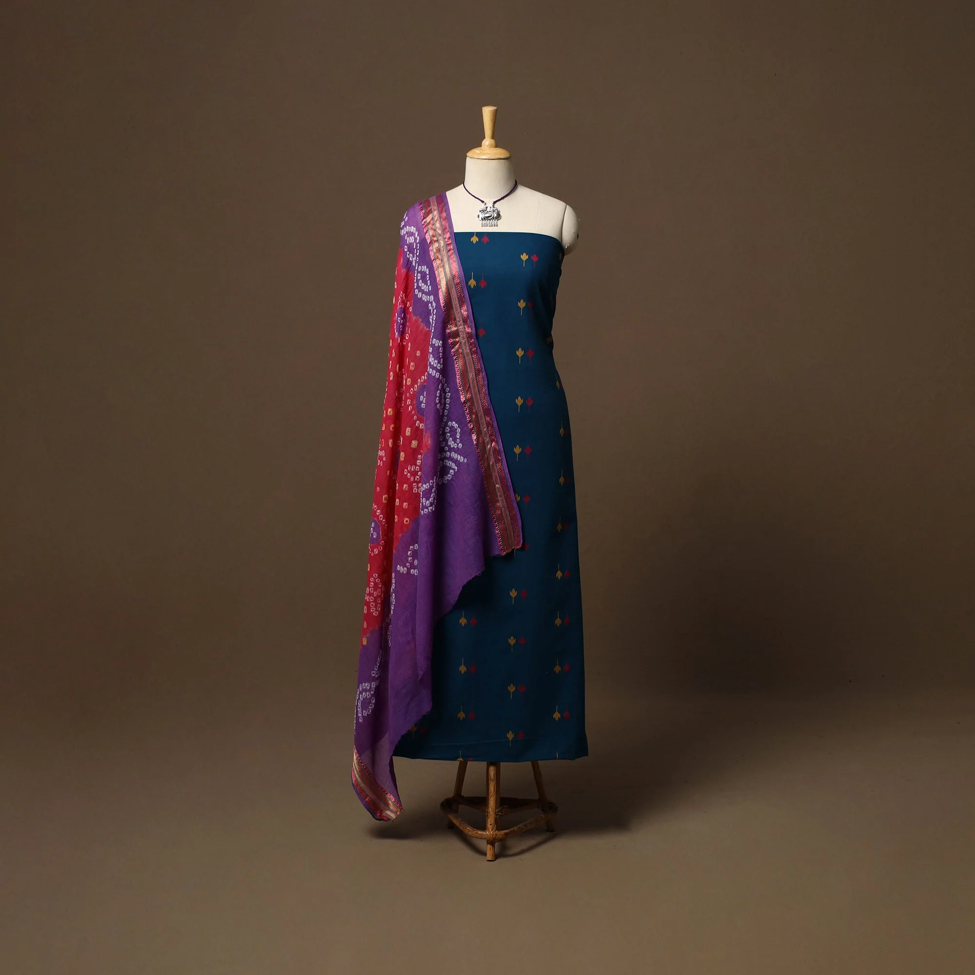 Blue - Jacquard Cotton 2pc Unstitched Dress Material with Jewellery Set 09