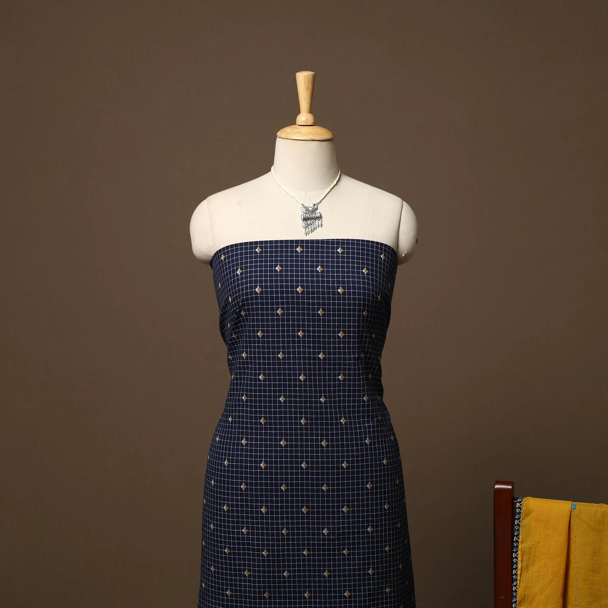 Blue - Jacquard Weave Cotton 2pc Unstitched Dress Material with Jewellery Set 11 - Image 3
