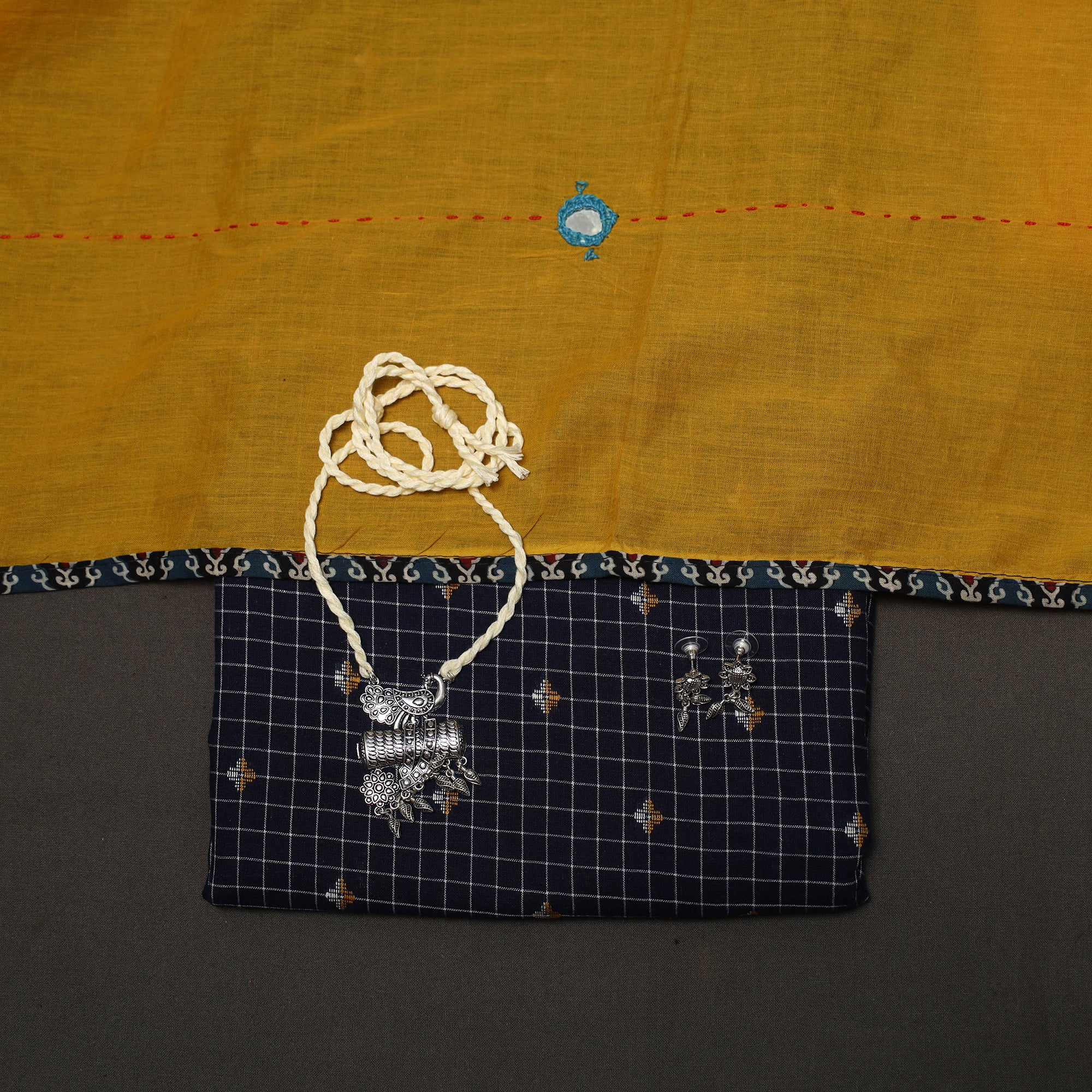 Blue - Jacquard Weave Cotton 2pc Unstitched Dress Material with Jewellery Set 11 - Image 5