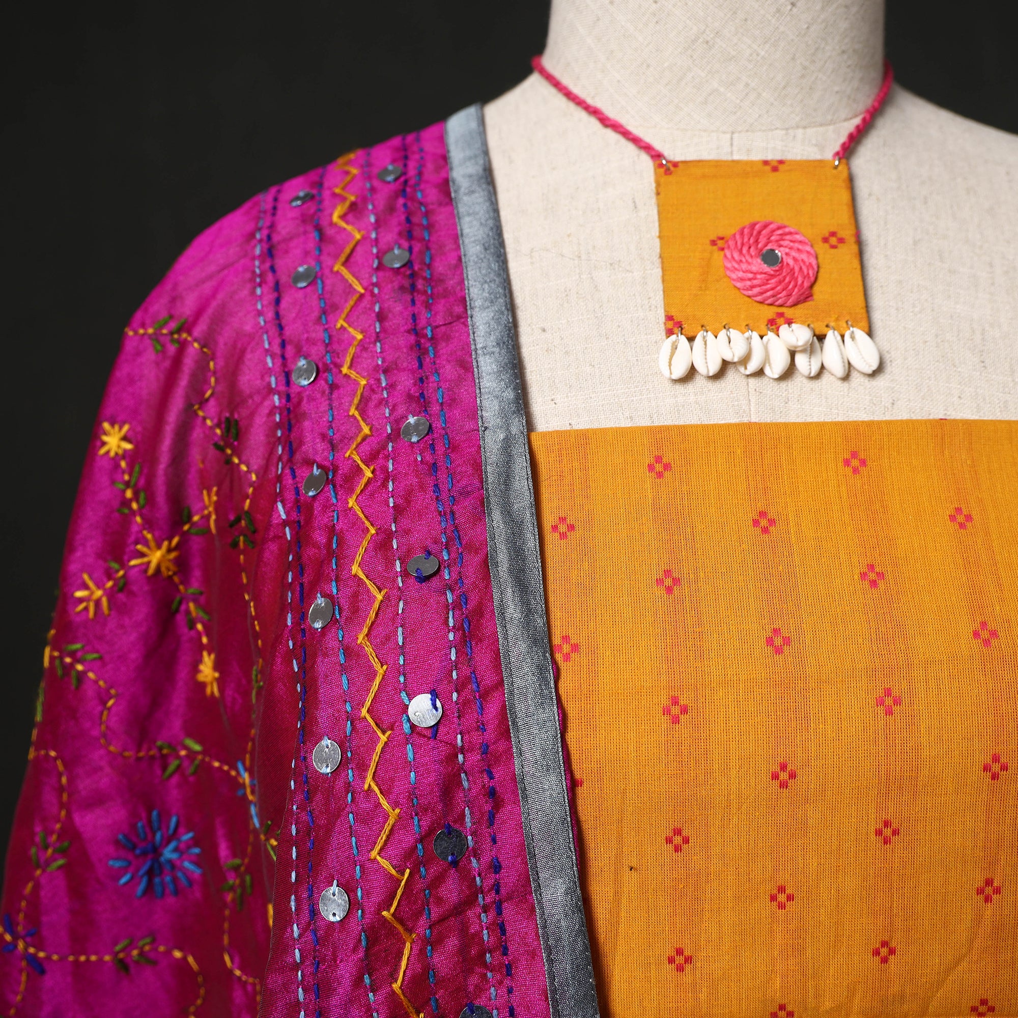 Jacquard Woven 2pc Cotton Unstitched Dress Material Kurta Set with Jewellery 05 - Image 3