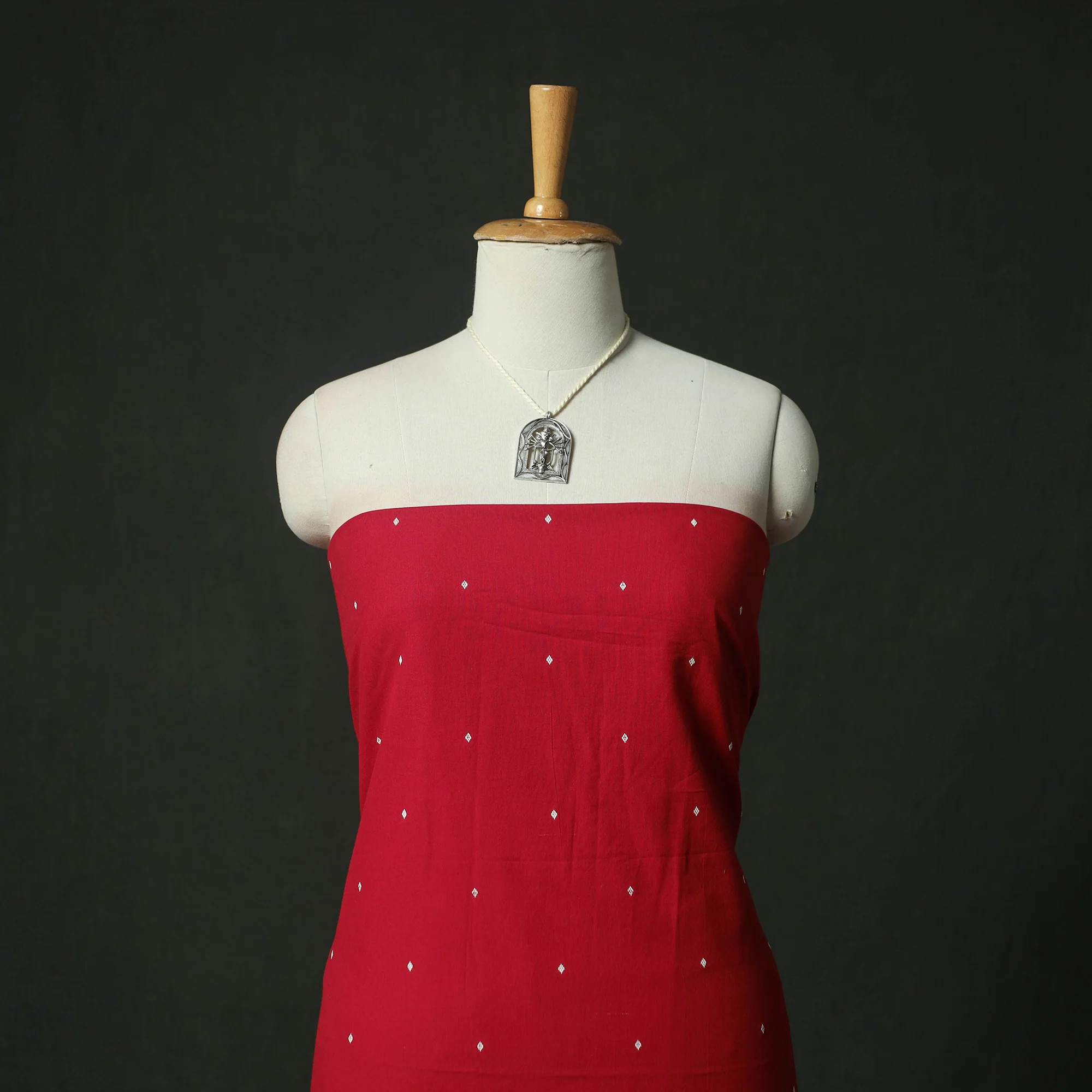 Red - Jacquard Woven 2pc Cotton Unstitched Dress Material Kurta Set with Jewellery 16 - Image 2