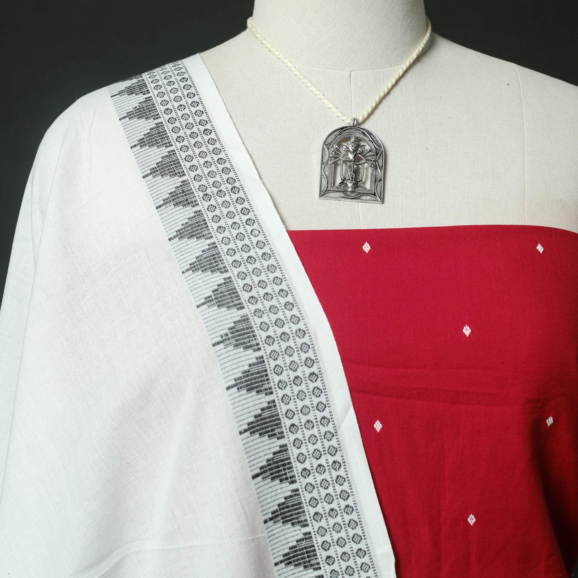 Red - Jacquard Woven 2pc Cotton Unstitched Dress Material Kurta Set with Jewellery 16 - Image 3