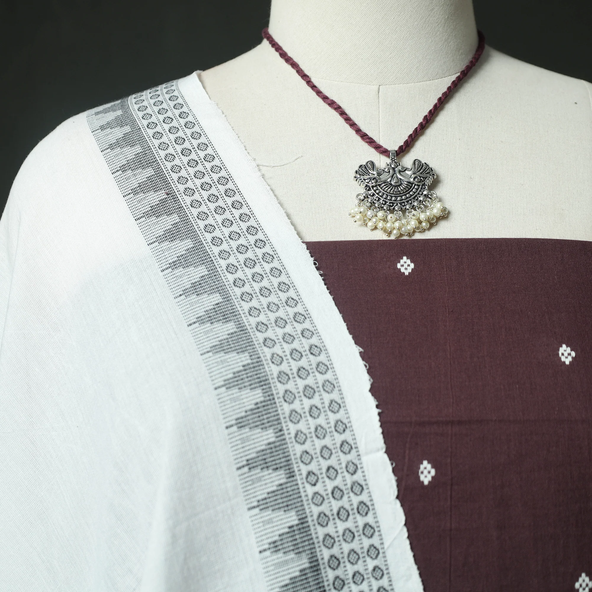 Brown - Jacquard Woven 2pc Cotton Unstitched Dress Material Kurta Set with Jewellery 18 - Image 3