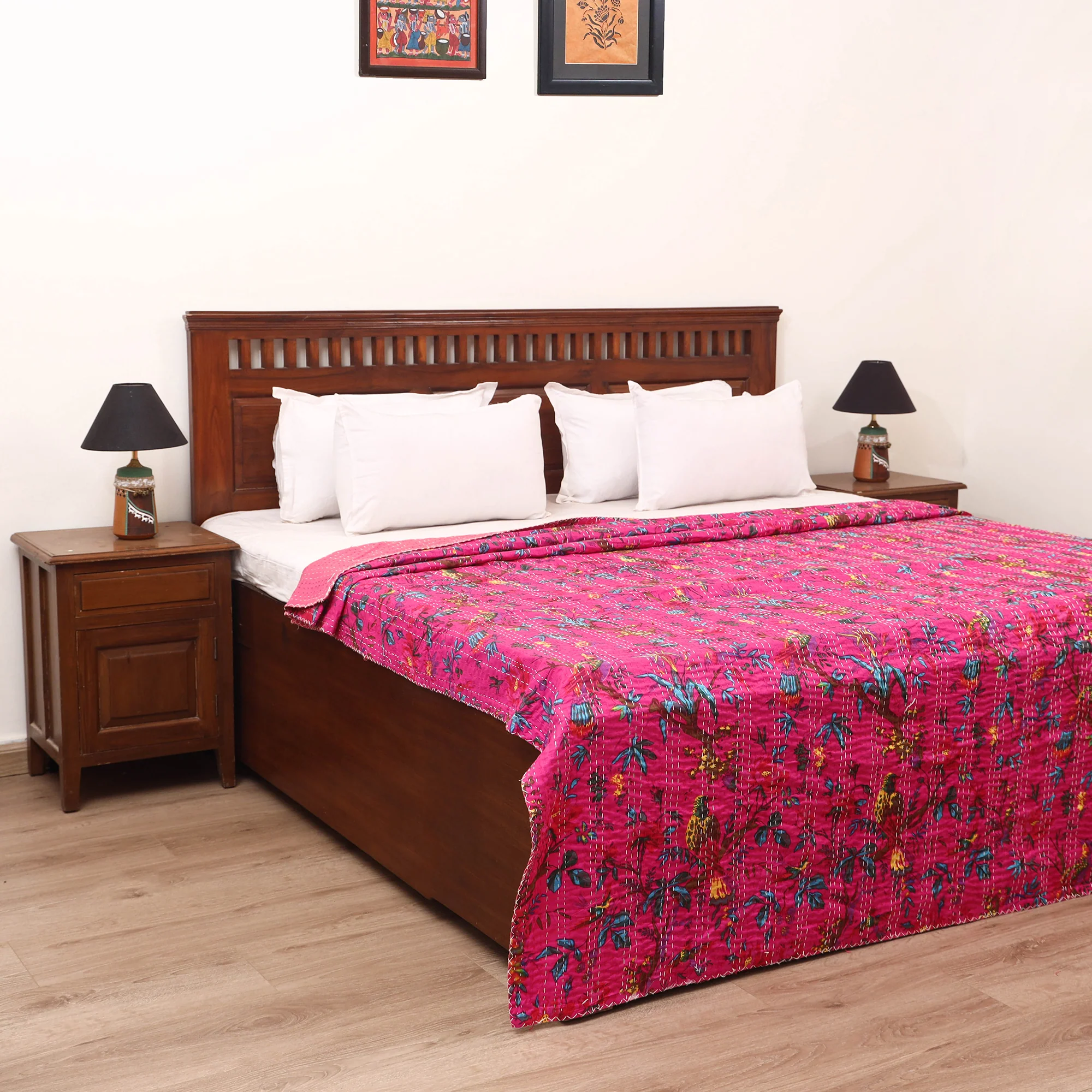 Pink - Jaipur Print Tagai Work Double Bedsheet (108 x 90 in) 08