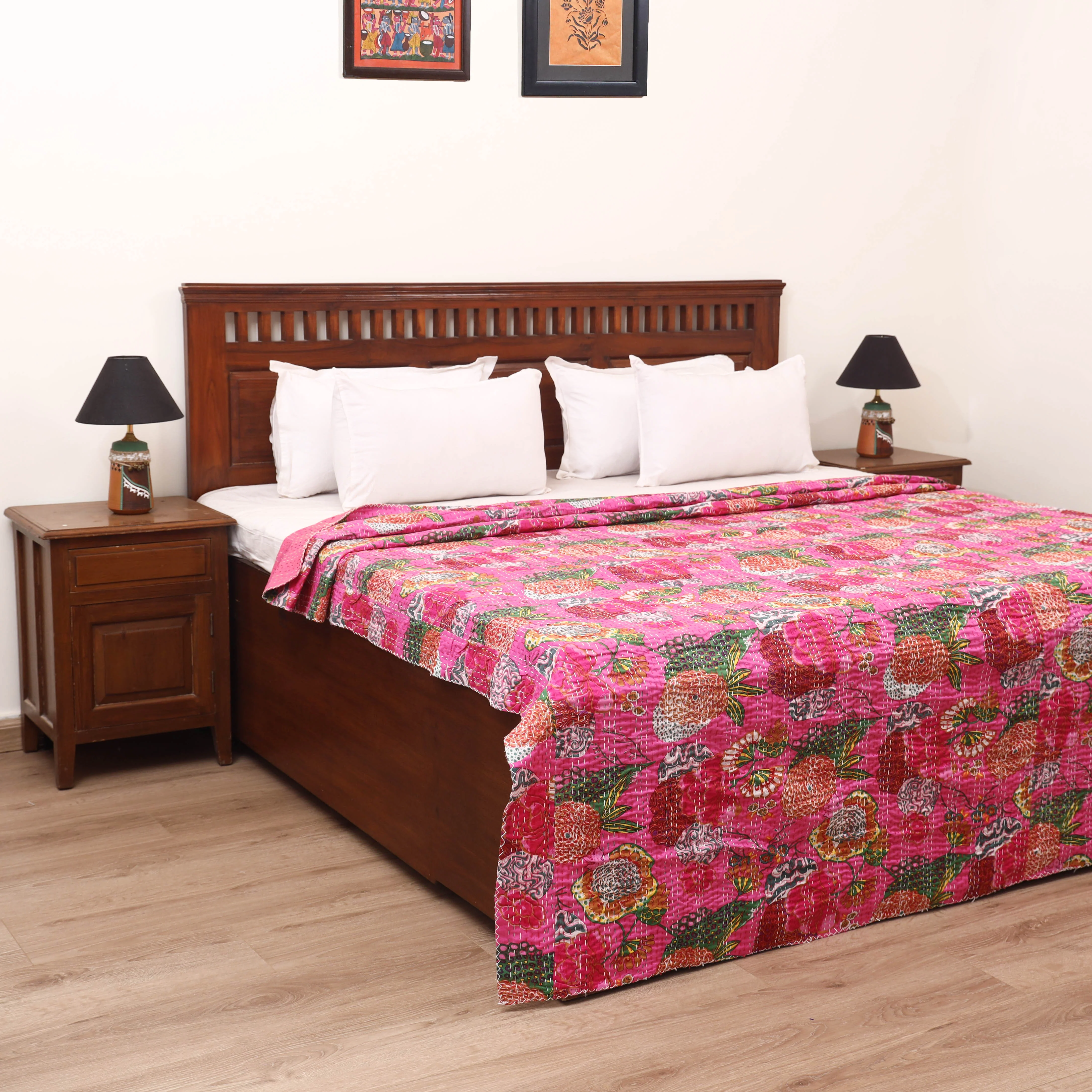 Pink - Jaipur Print Tagai Work Double Bedsheet (108 x 90 in) 09