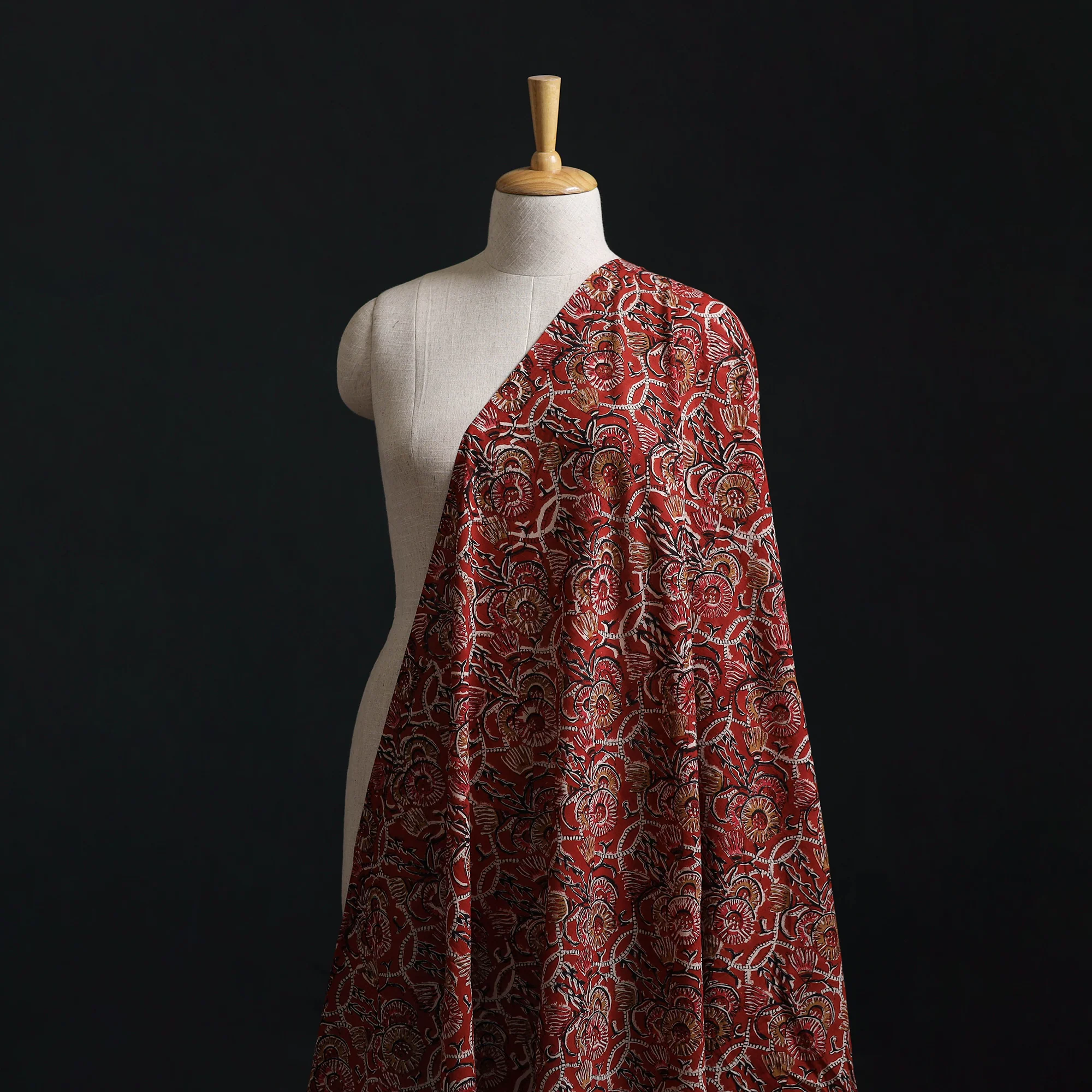 Red - Kalamkari Bagru Hand Block Print Natural Dyed Pure Mul Cotton Fabric 05