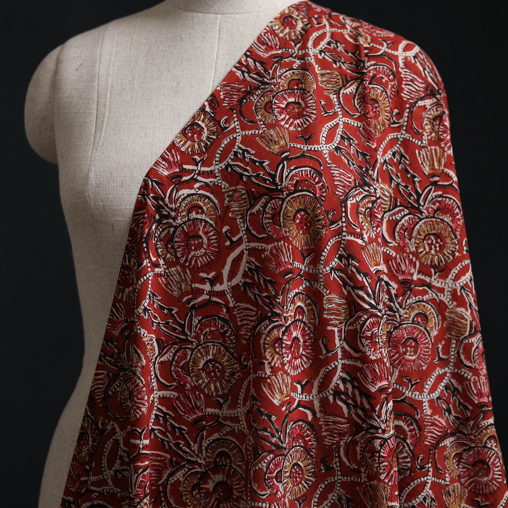 Red - Kalamkari Bagru Hand Block Print Natural Dyed Pure Mul Cotton Fabric 05 - Image 2
