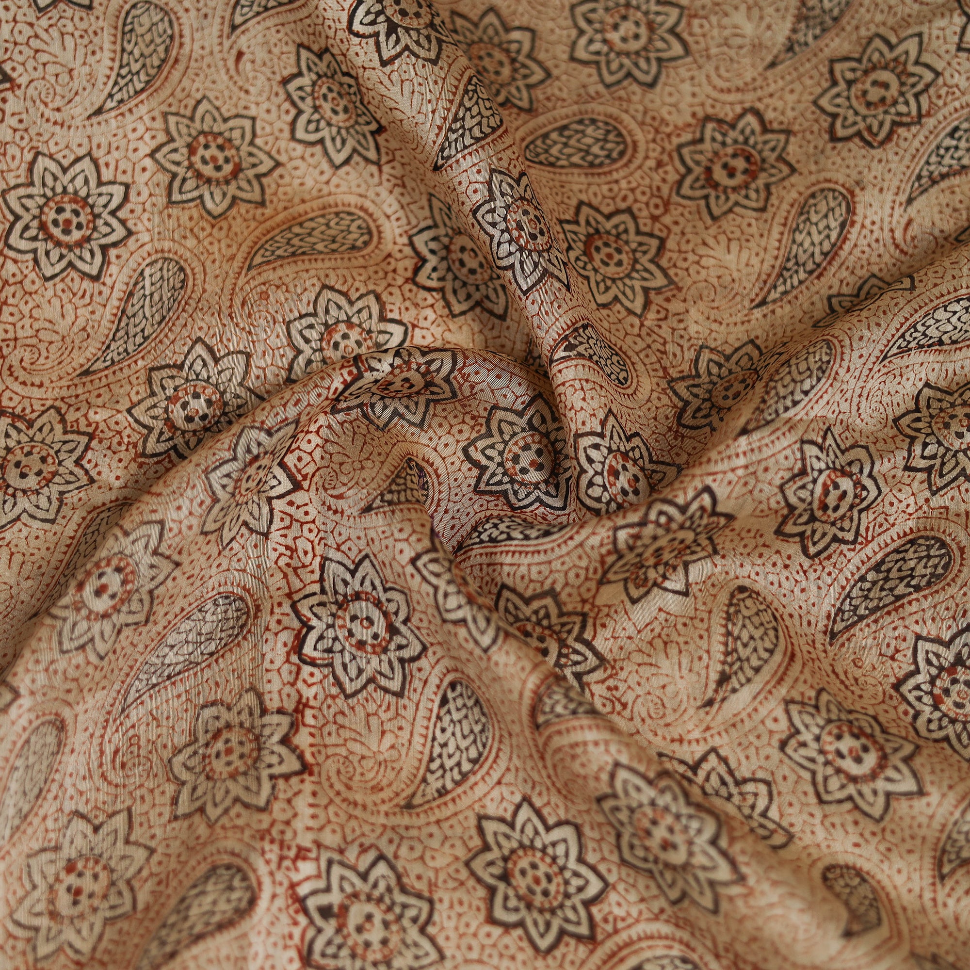 Beige - Kalamkari Hand Block Print Natural Dyed Chanderi Silk Scarf 73 - Image 3