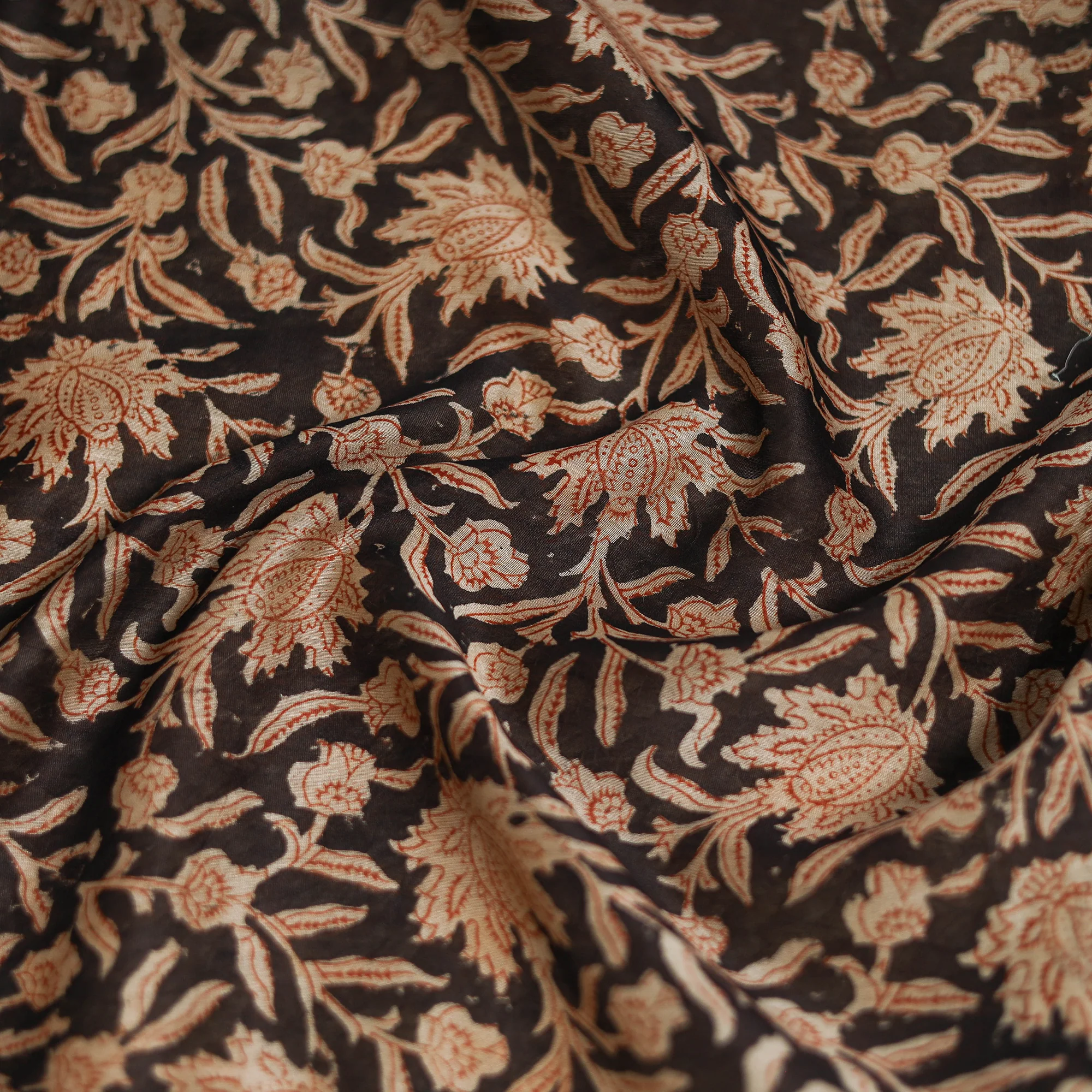 Black - Kalamkari Hand Block Print Natural Dyed Chanderi Silk Scarf  85 - Image 3