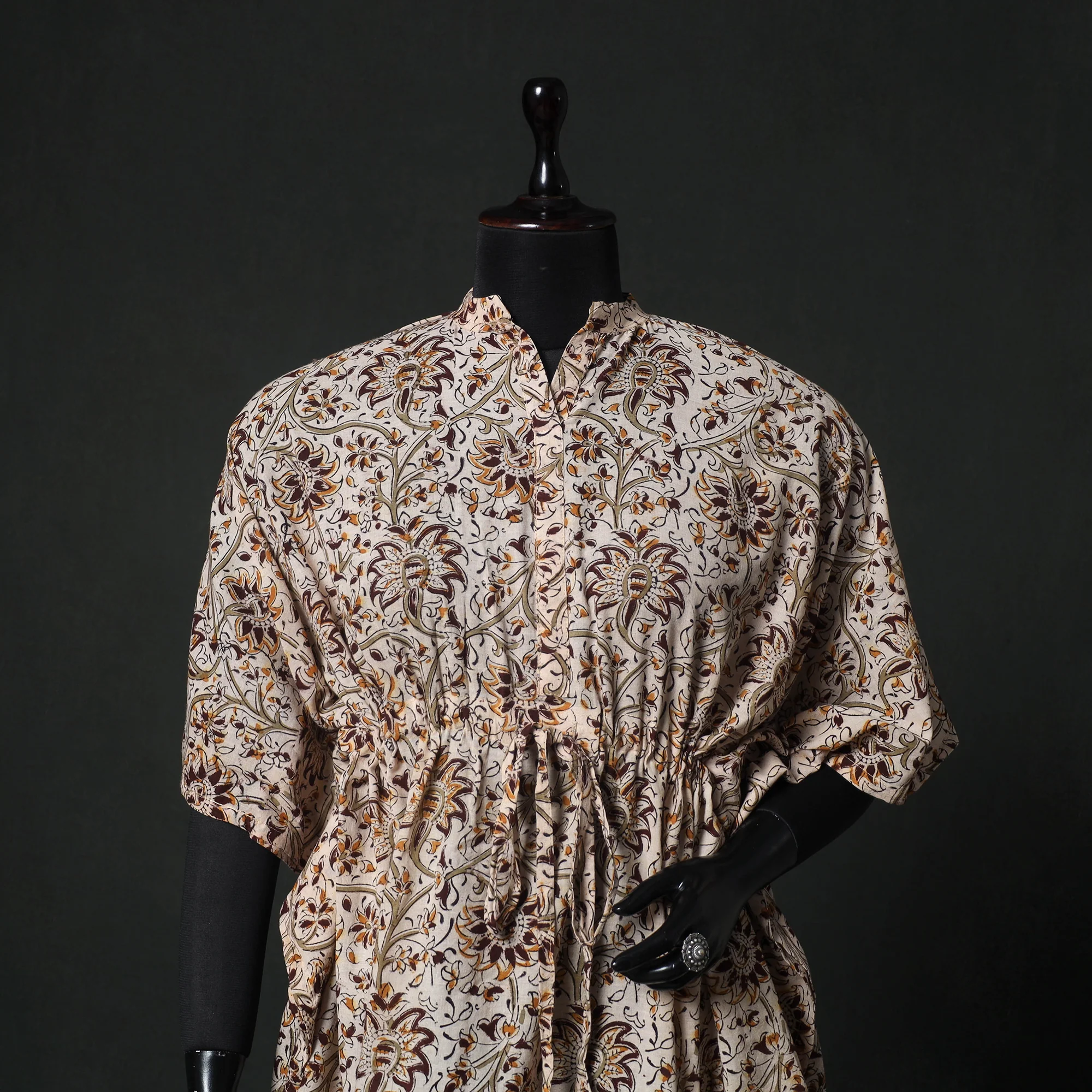 Beige - Kalamkari Hand Block Print Natural Dyed Cotton Kaftan (Short) 79 - Image 2