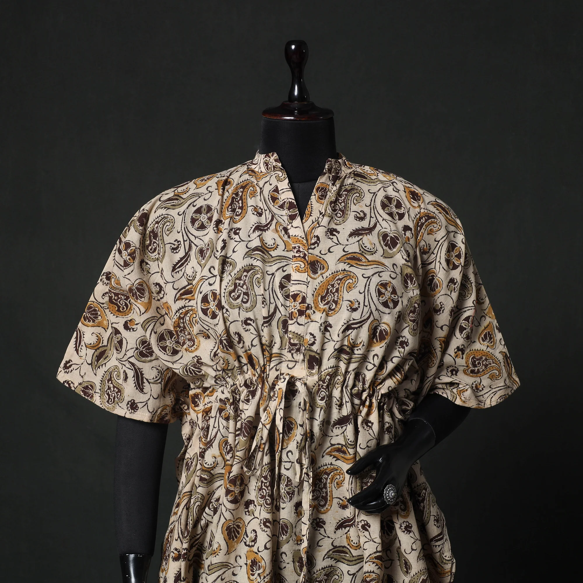 Brown - Kalamkari Hand Block Print Natural Dyed Cotton Kaftan (Short) 81 - Image 2