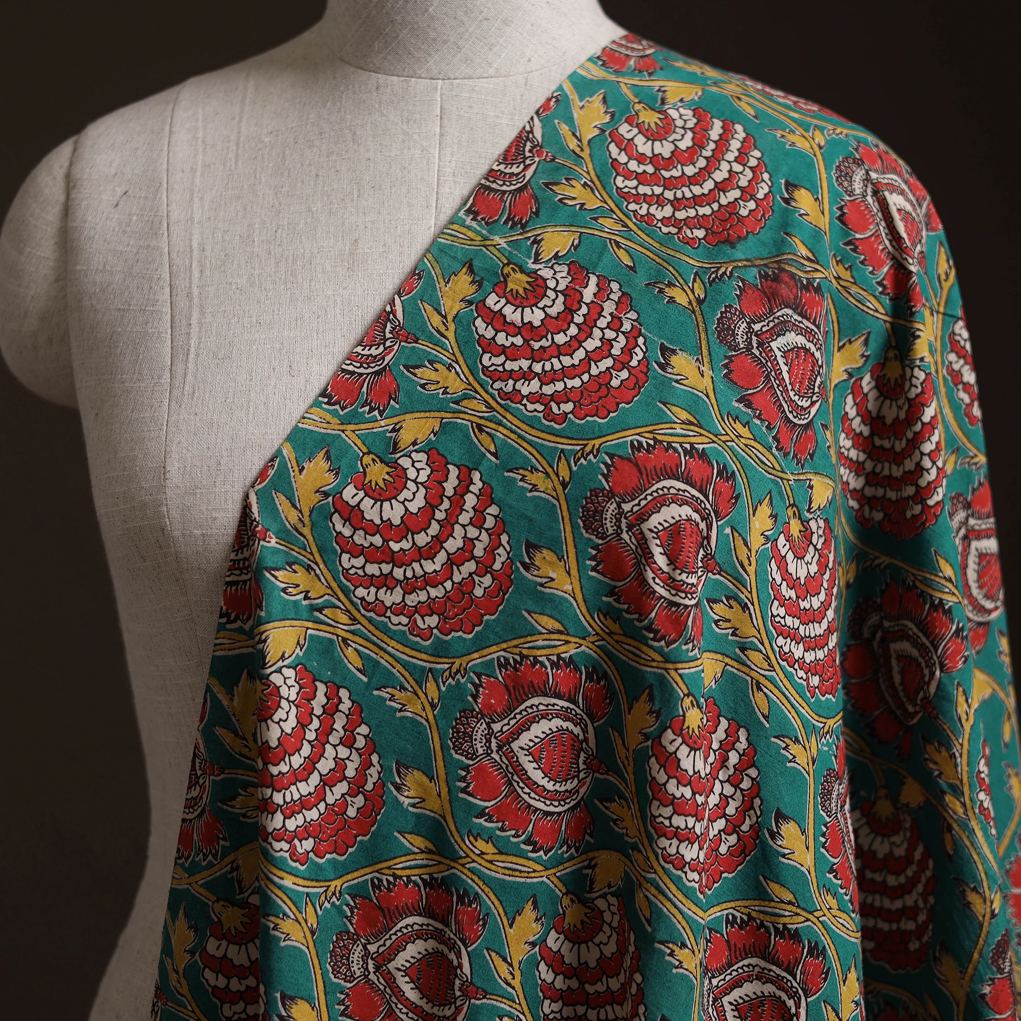 Green - Kalamkari Printed Cotton Fabric 50 - Image 2