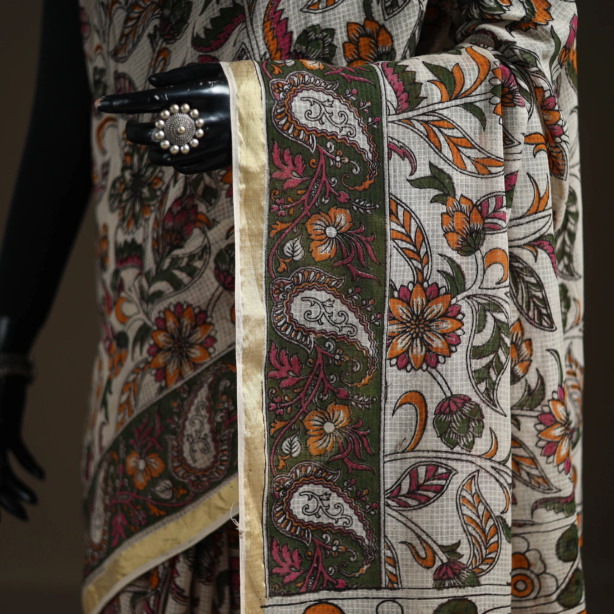 Kalamkari Printed Kota Doria Cotton Saree 27 - Image 3