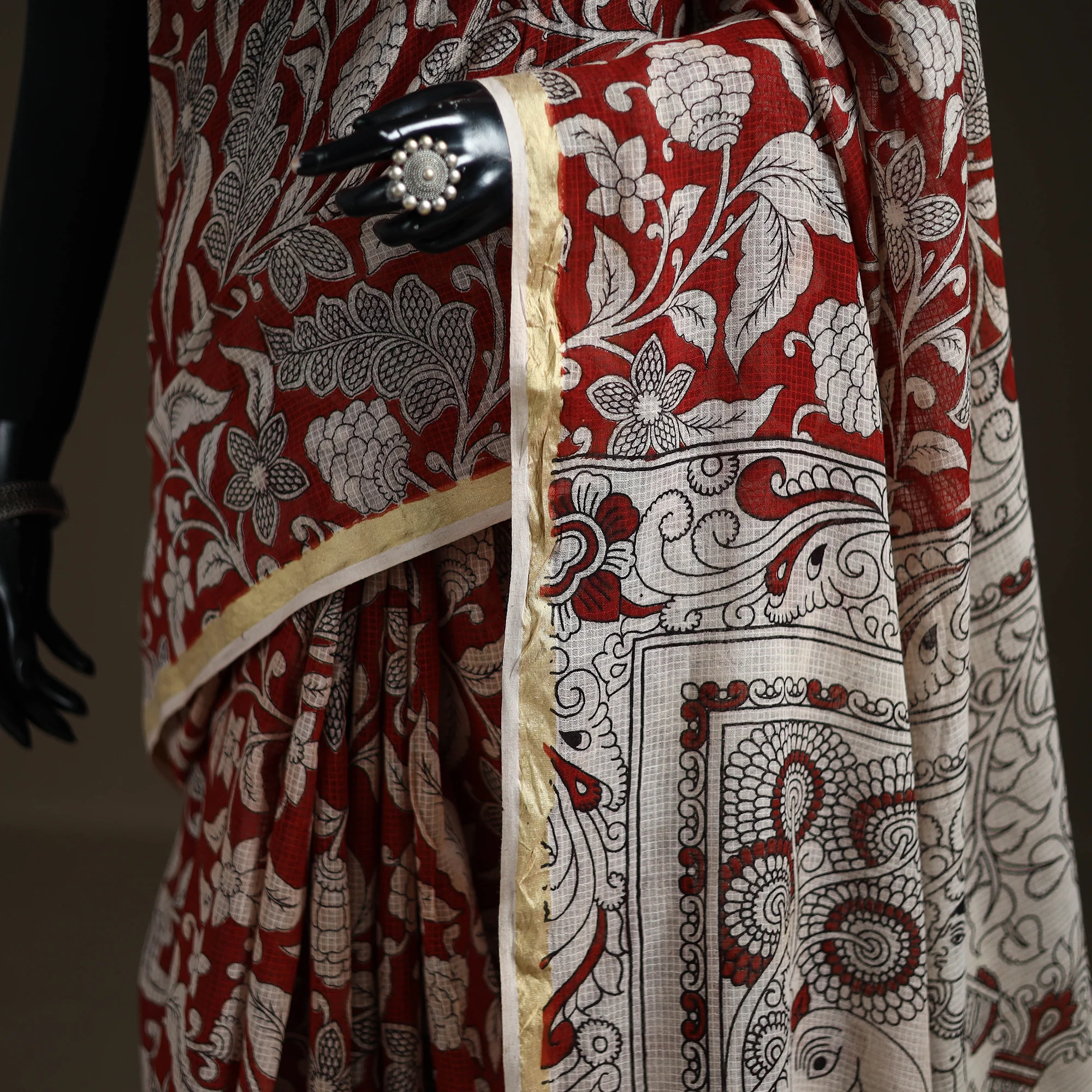 Kalamkari Printed Kota Doria Cotton Saree 37 - Image 3