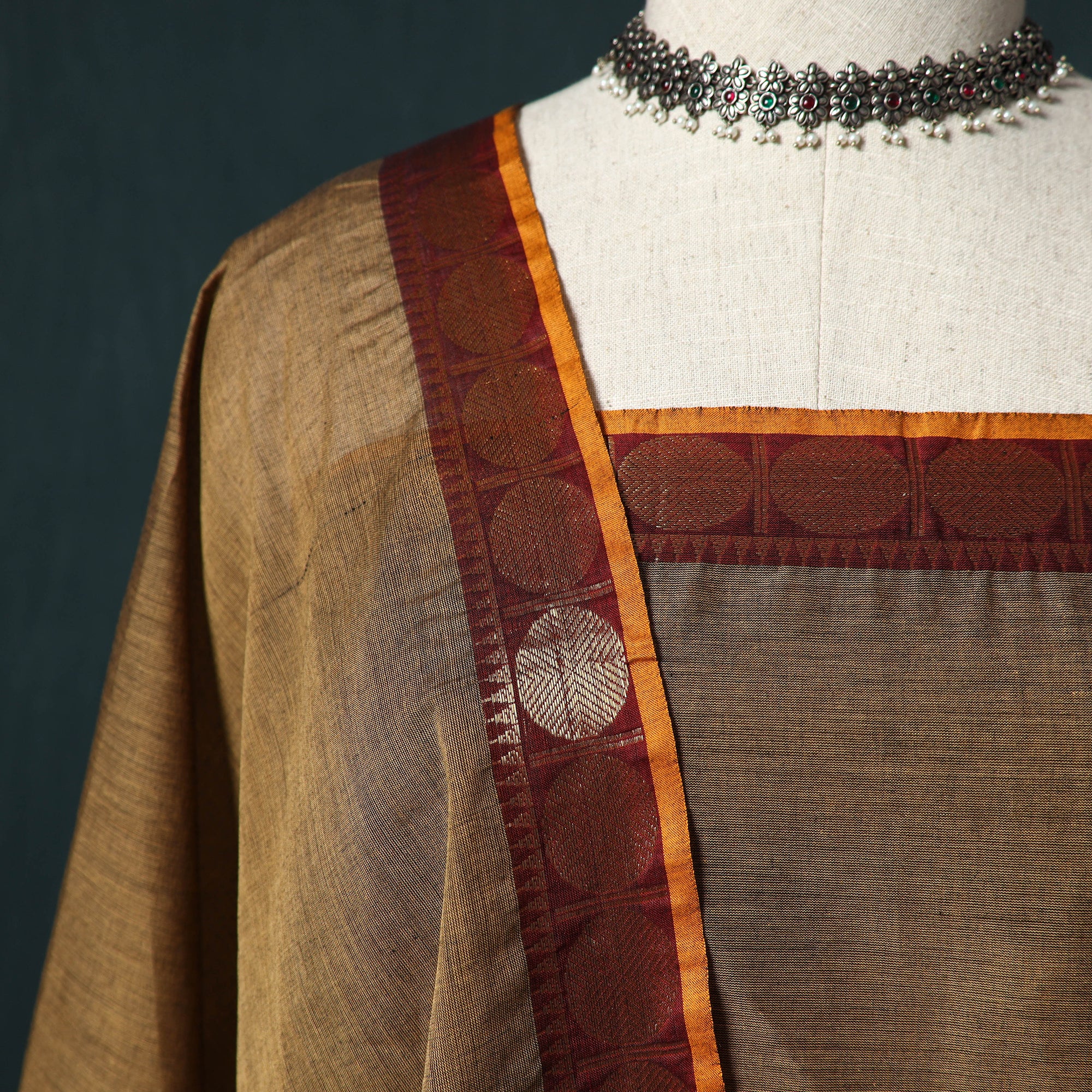 Brown - Kandangi Chettinad Cotton 2pc Unstitched Dress Material Kurta Set 02 - Image 3