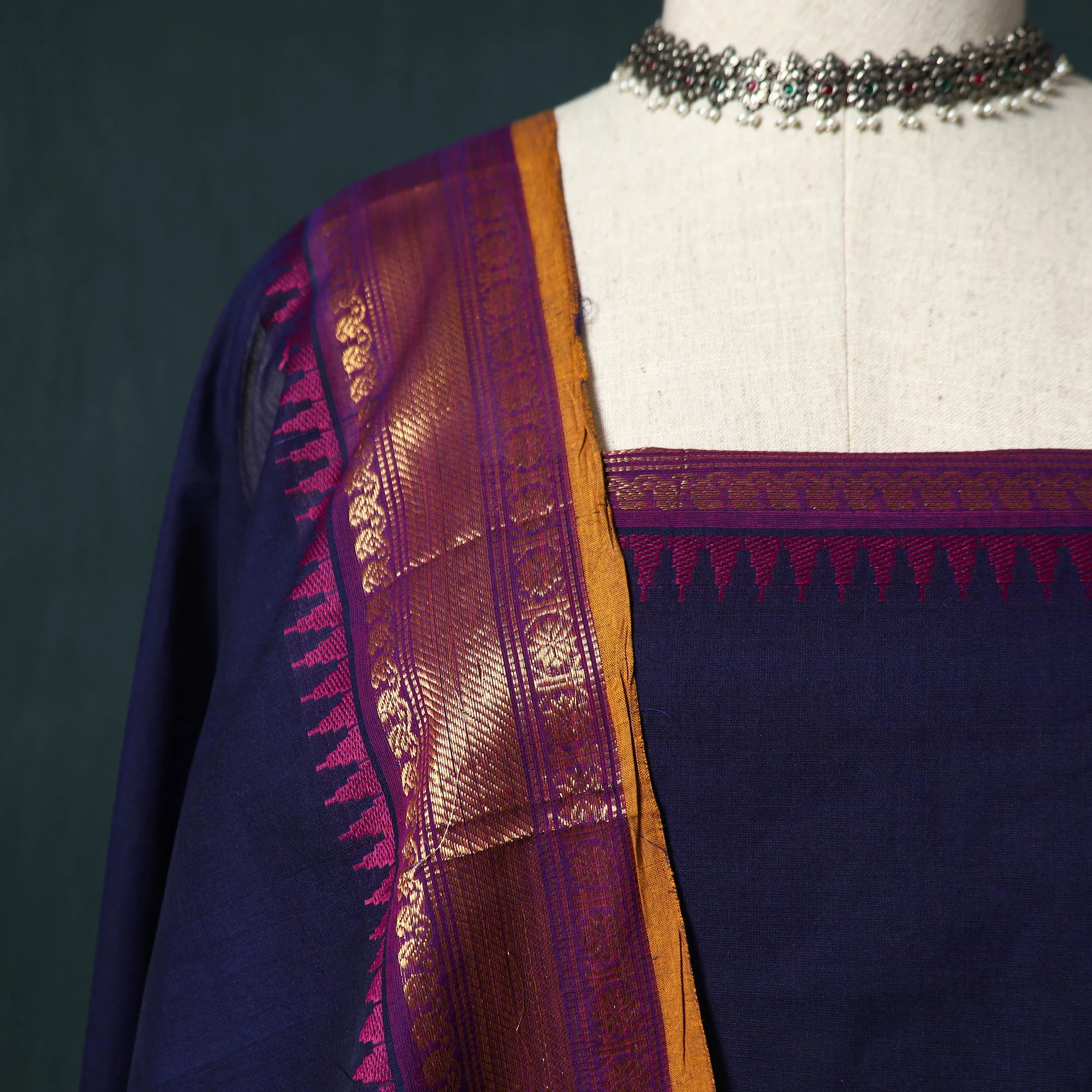 Blue - Kandangi Chettinad Cotton 2pc Unstitched Dress Material Kurta Set 07 - Image 3