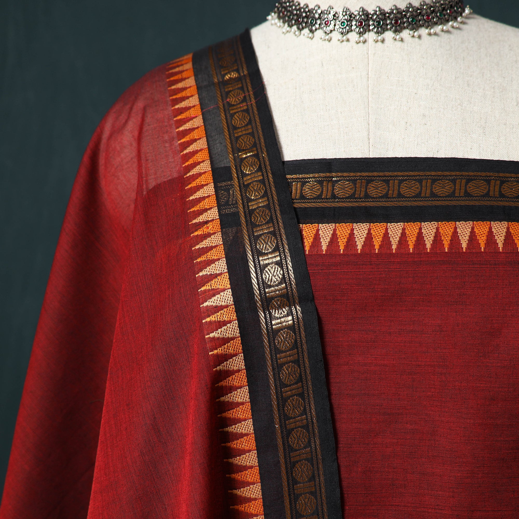 Red - Kandangi Chettinad Cotton 2pc Unstitched Dress Material Kurta Set 16 - Image 3