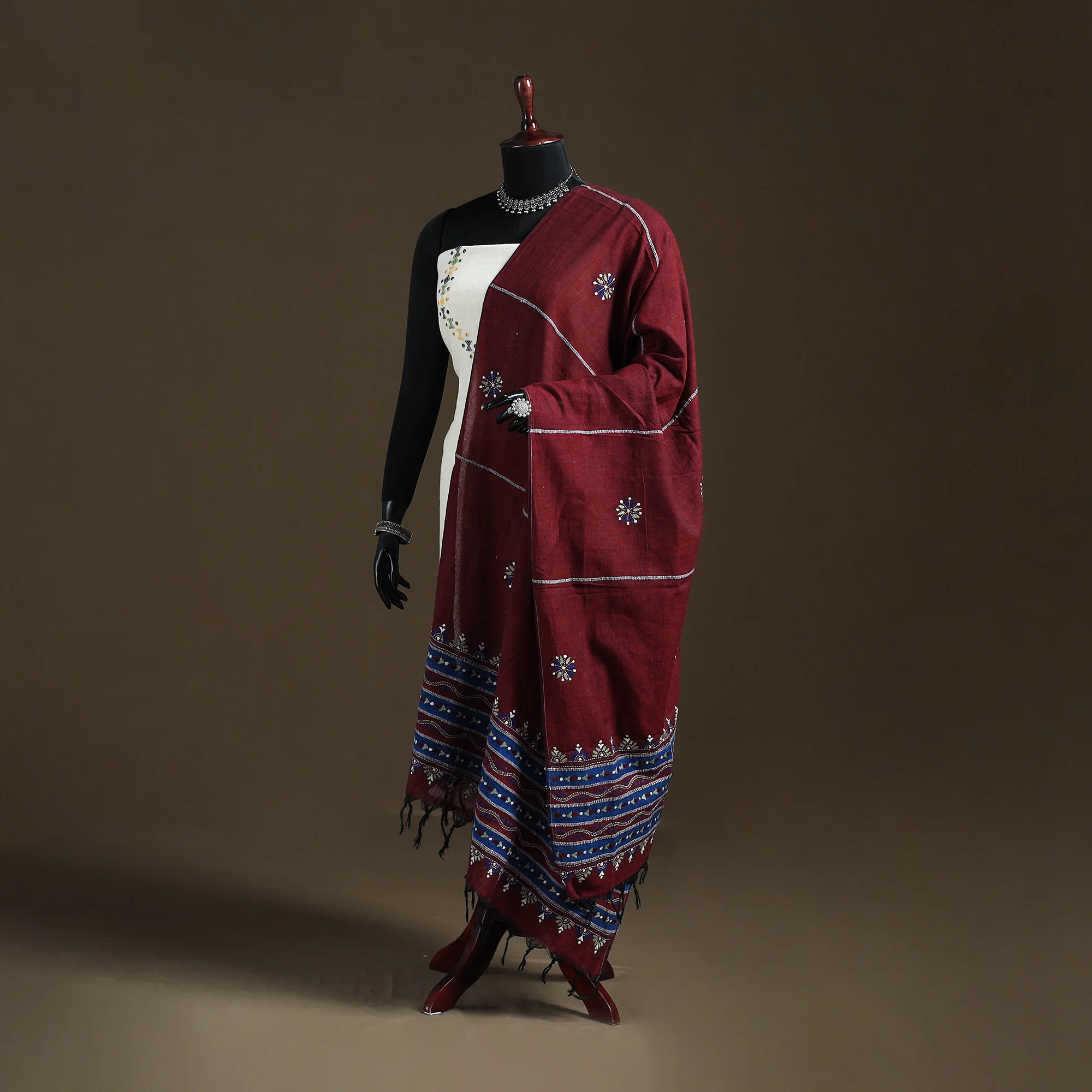 Maroon - Kantha Hand Embroidered Khes Handwoven Cotton Dupatta 01