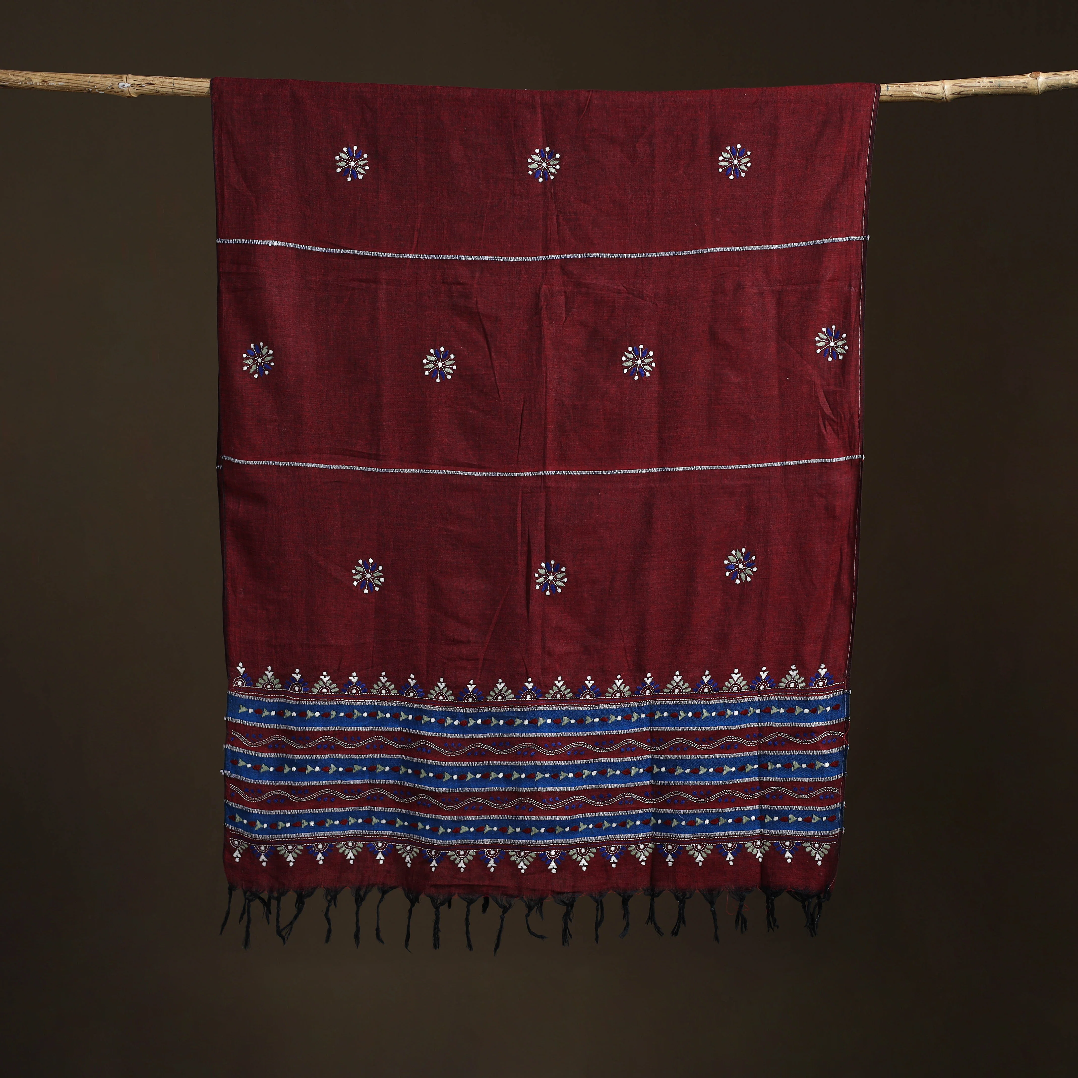 Maroon - Kantha Hand Embroidered Khes Handwoven Cotton Dupatta 01 - Image 5