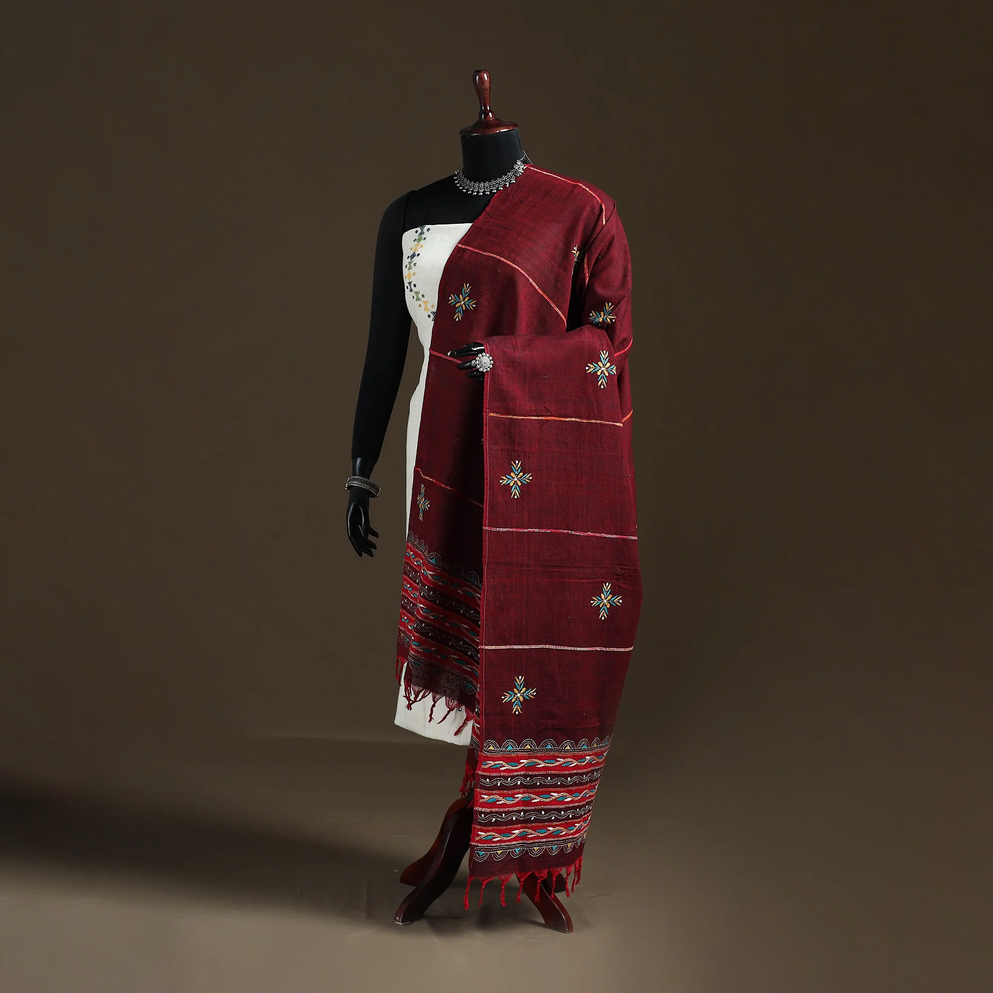 Maroon - Kantha Hand Embroidered Khes Handwoven Cotton Dupatta 02