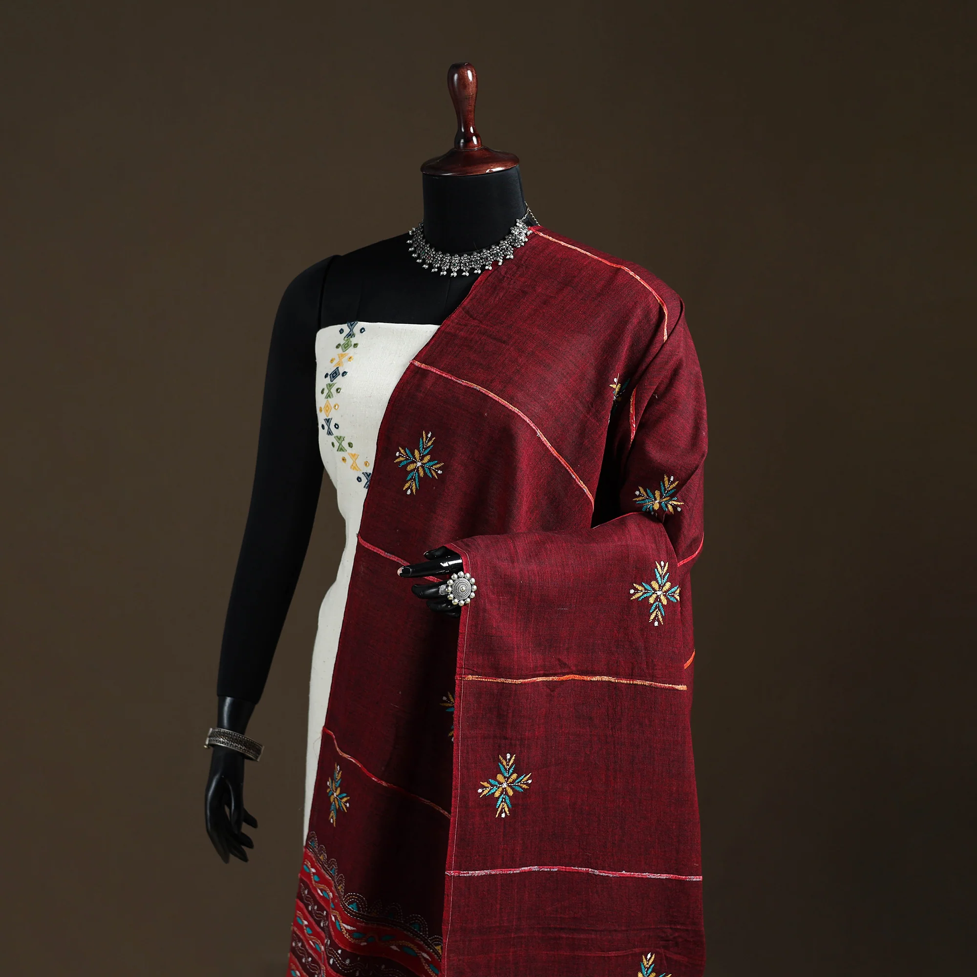 Maroon - Kantha Hand Embroidered Khes Handwoven Cotton Dupatta 02 - Image 2