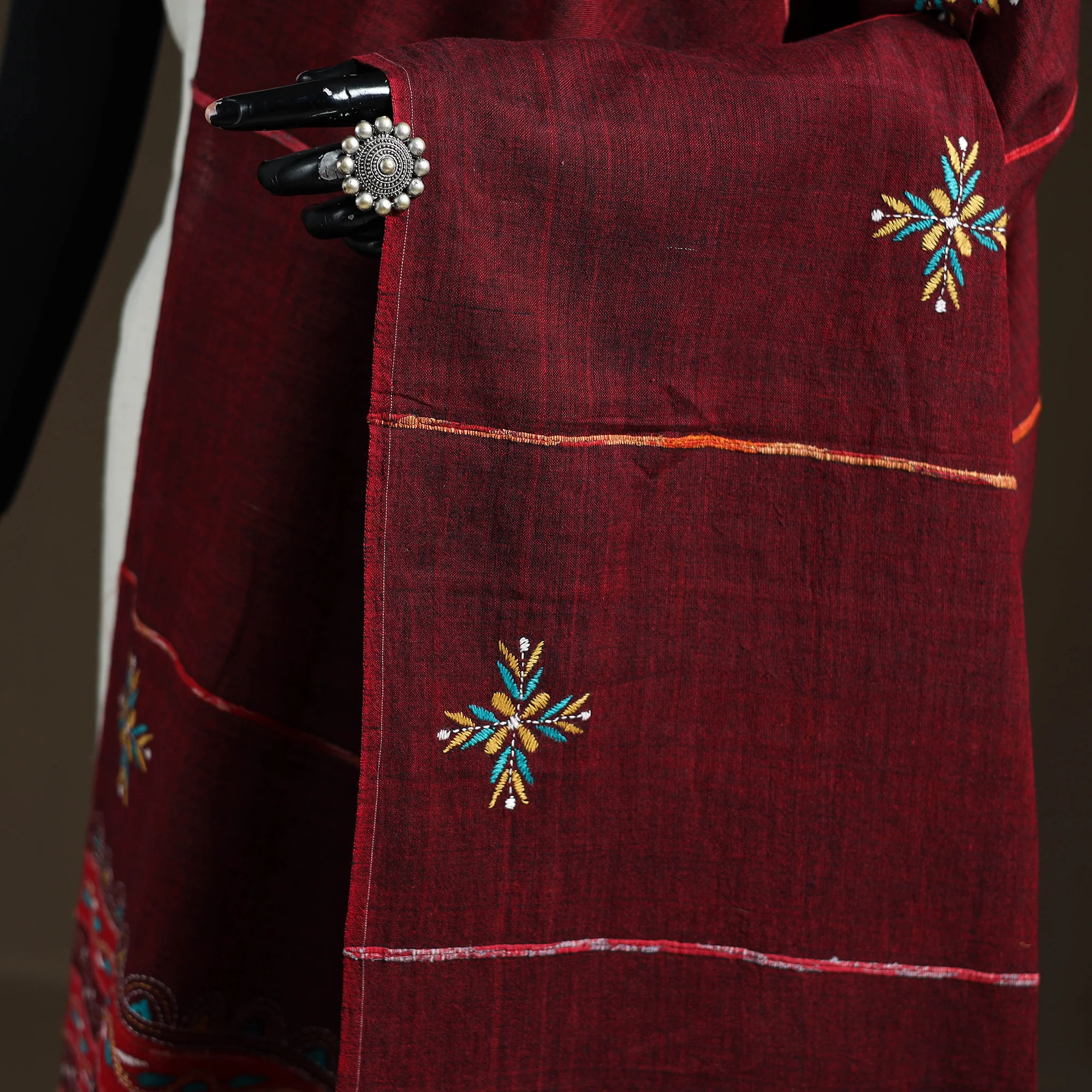 Maroon - Kantha Hand Embroidered Khes Handwoven Cotton Dupatta 02 - Image 3