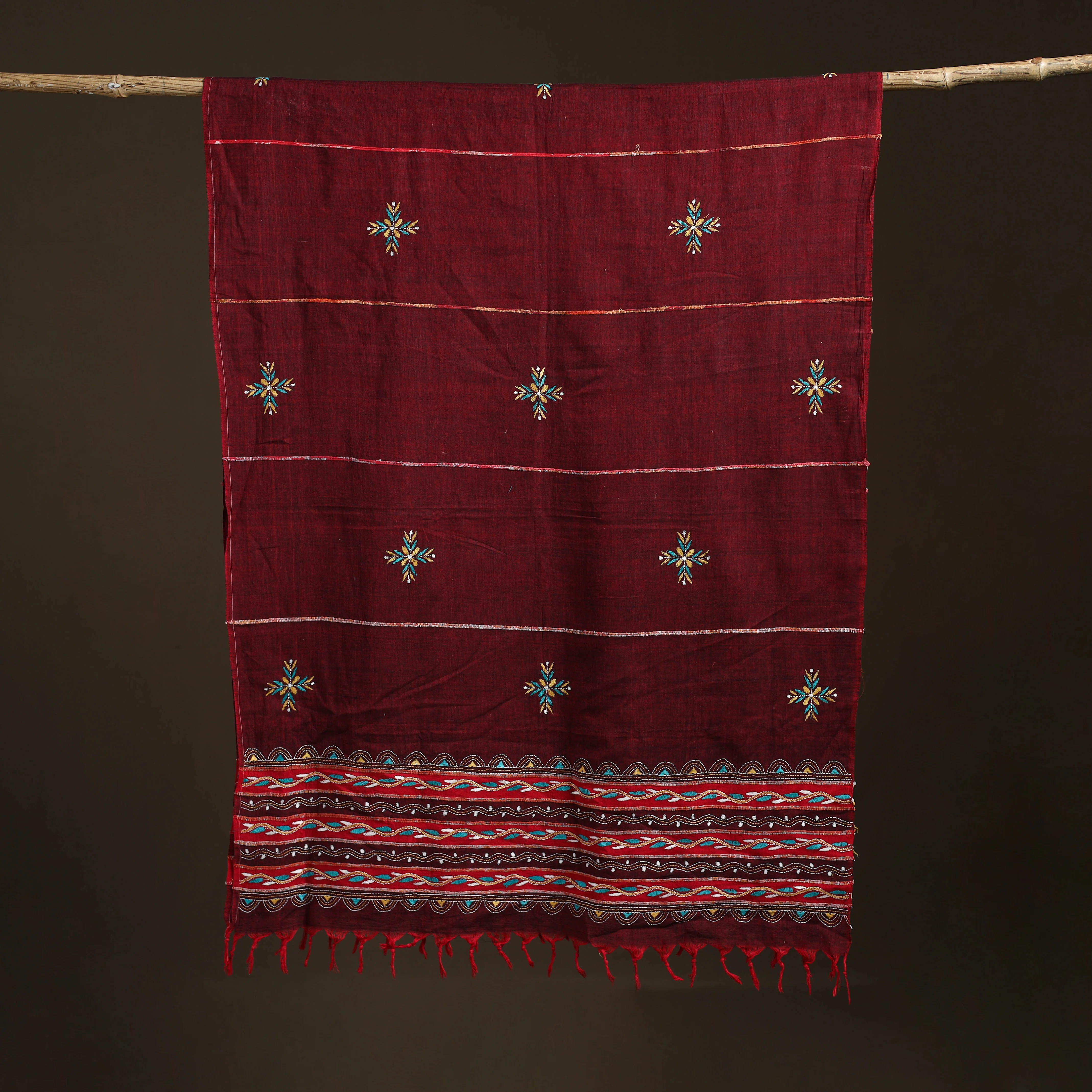 Maroon - Kantha Hand Embroidered Khes Handwoven Cotton Dupatta 02 - Image 5