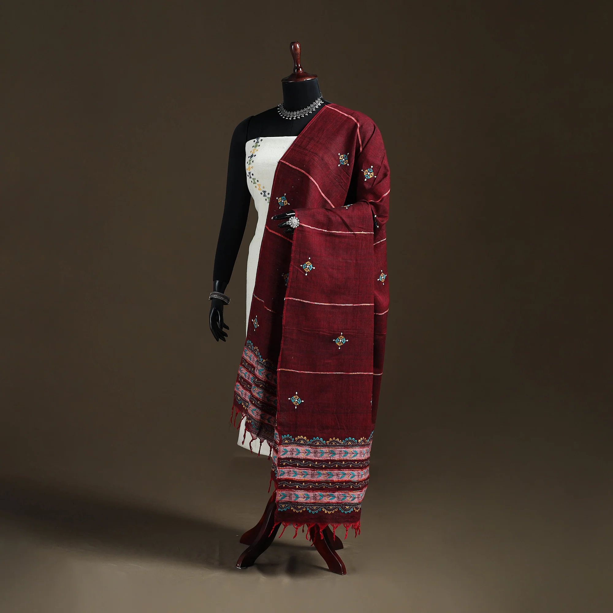 Maroon - Kantha Hand Embroidered Khes Handwoven Cotton Dupatta 03