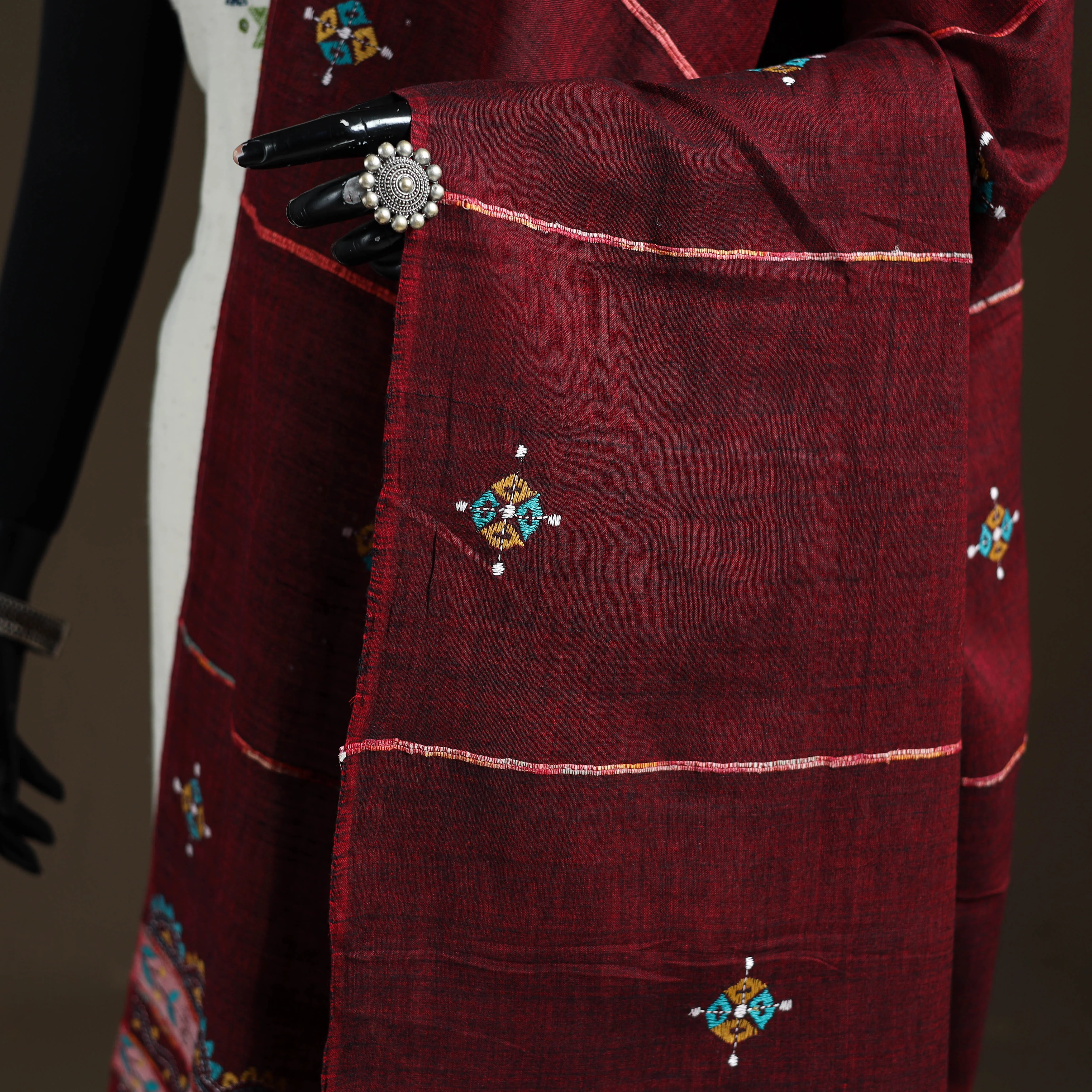 Maroon - Kantha Hand Embroidered Khes Handwoven Cotton Dupatta 03 - Image 3