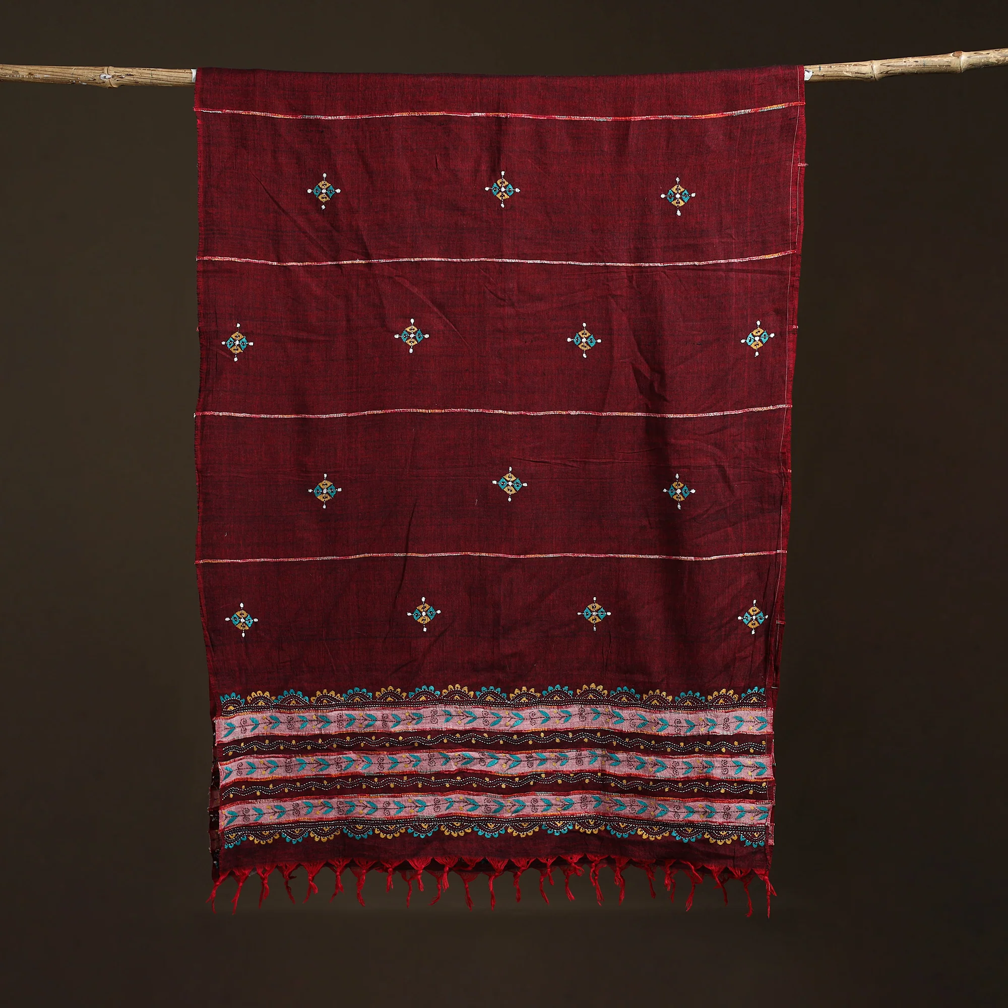 Maroon - Kantha Hand Embroidered Khes Handwoven Cotton Dupatta 03 - Image 5