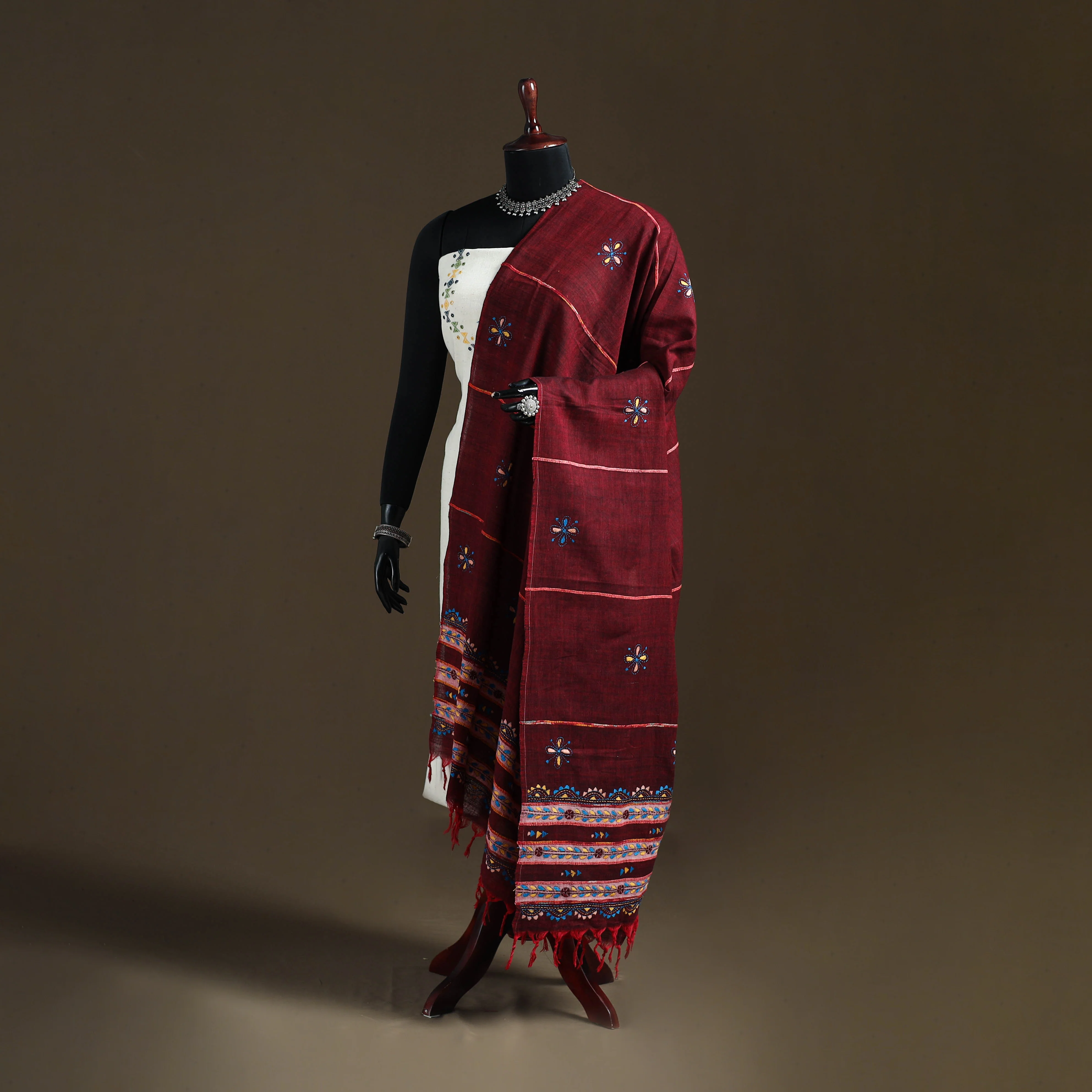 Maroon - Kantha Hand Embroidered Khes Handwoven Cotton Dupatta 04