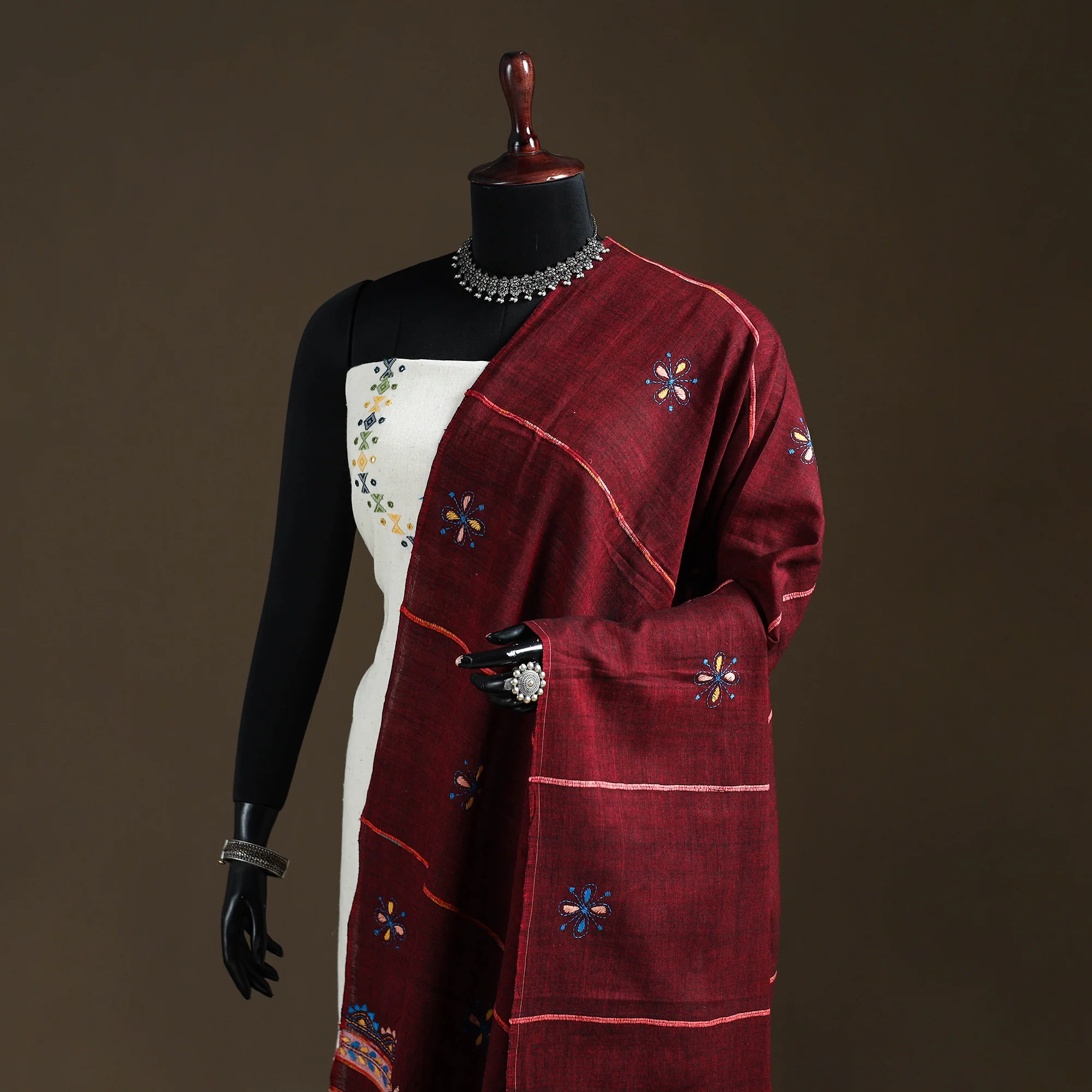 Maroon - Kantha Hand Embroidered Khes Handwoven Cotton Dupatta 04 - Image 2