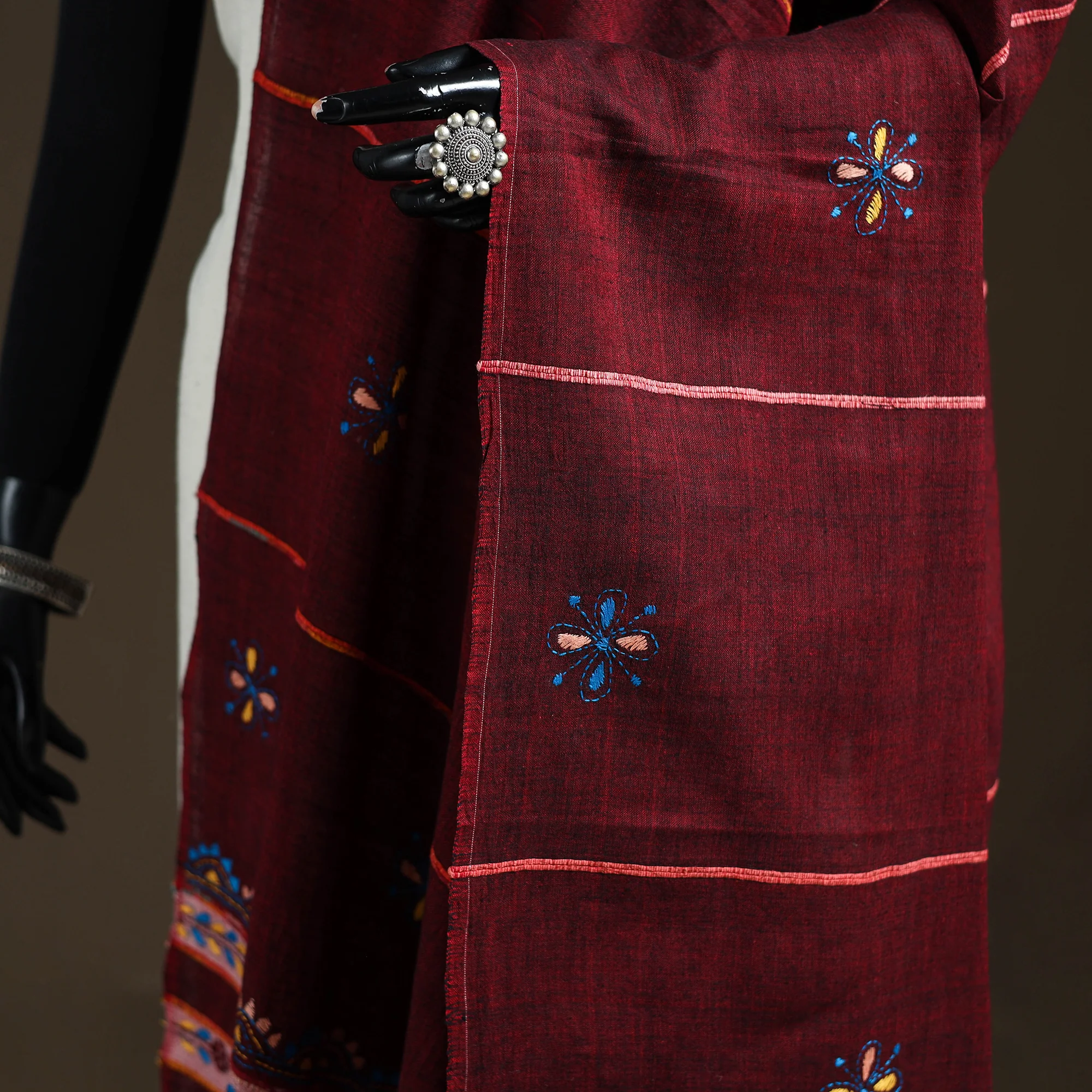 Maroon - Kantha Hand Embroidered Khes Handwoven Cotton Dupatta 04 - Image 3