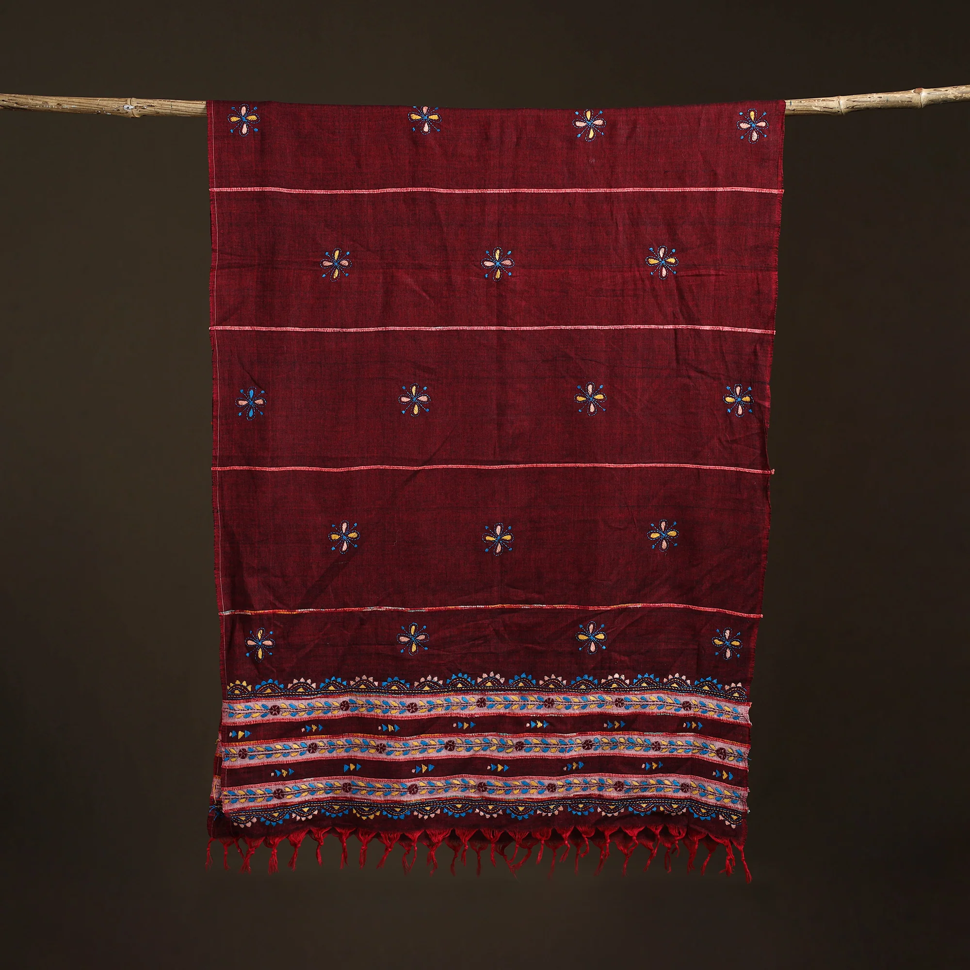 Maroon - Kantha Hand Embroidered Khes Handwoven Cotton Dupatta 04 - Image 5