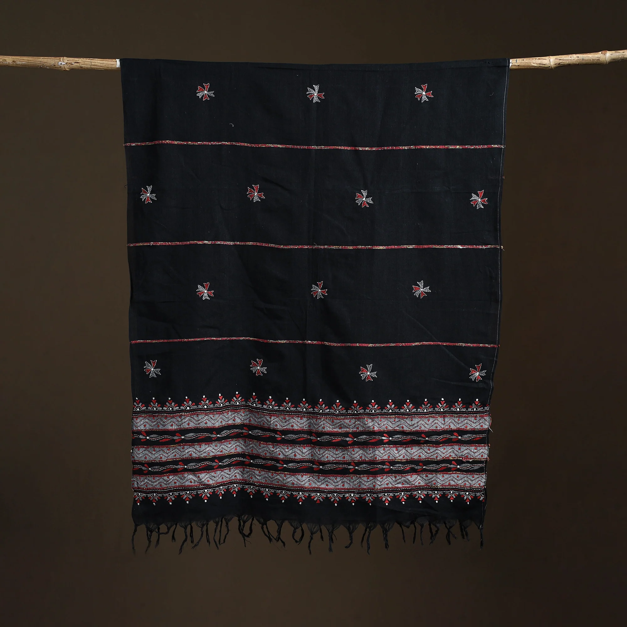 Black - Kantha Hand Embroidered Khes Handwoven Cotton Dupatta 05 - Image 5