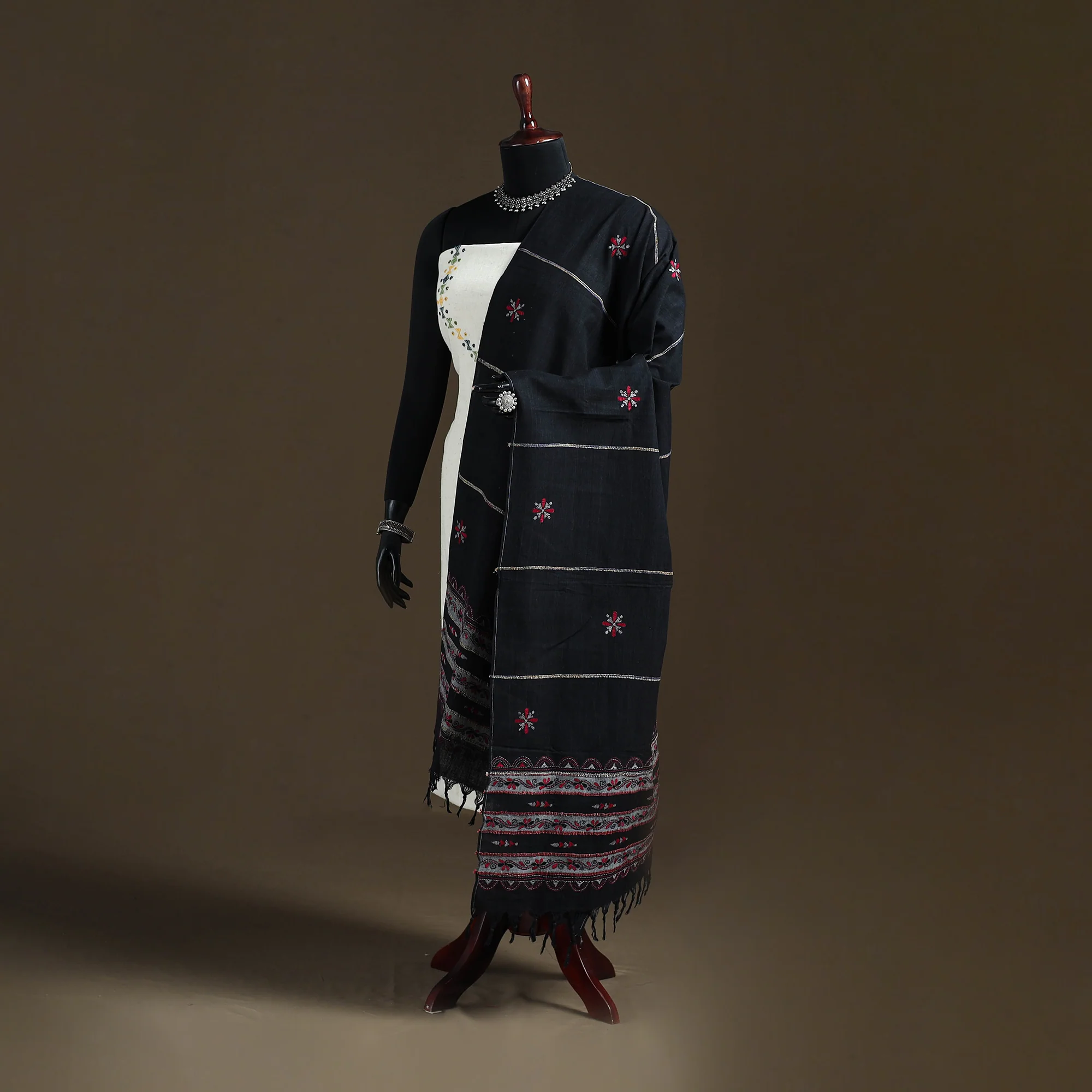 Black - Kantha Hand Embroidered Khes Handwoven Cotton Dupatta 07