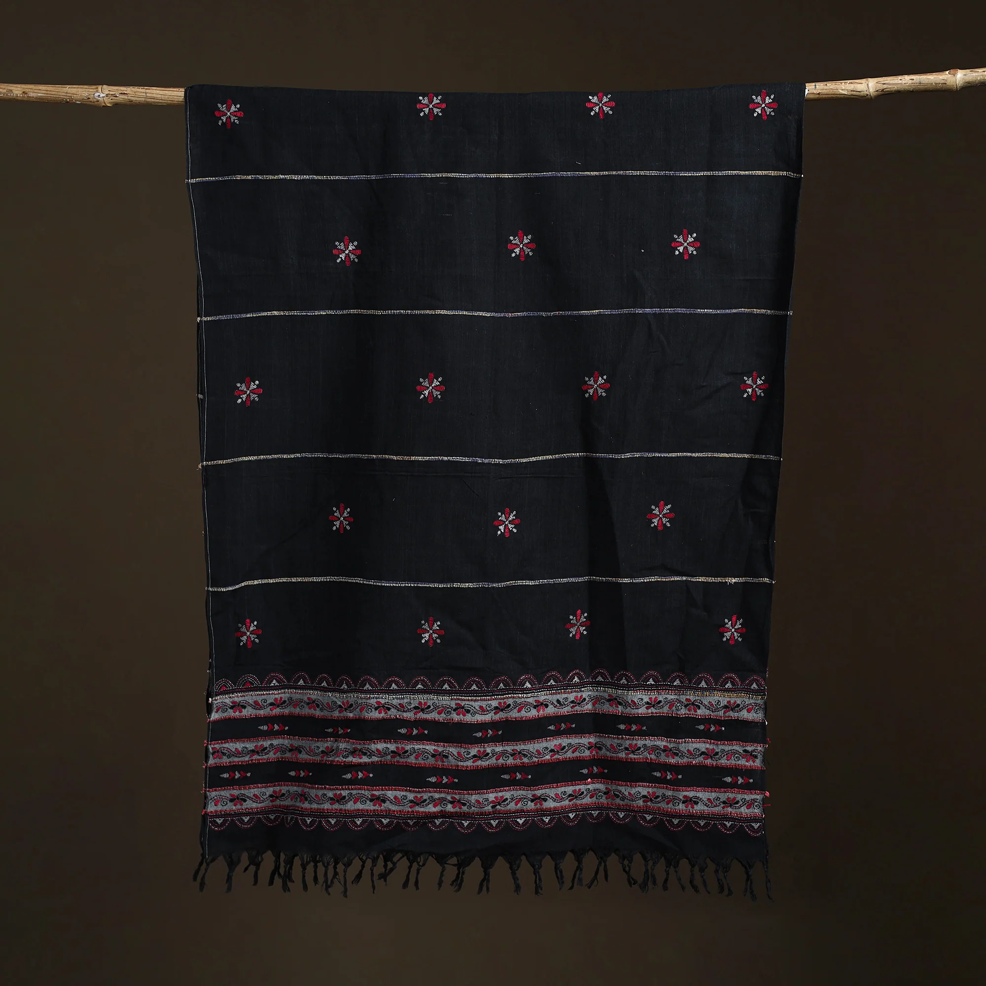 Black - Kantha Hand Embroidered Khes Handwoven Cotton Dupatta 07 - Image 5