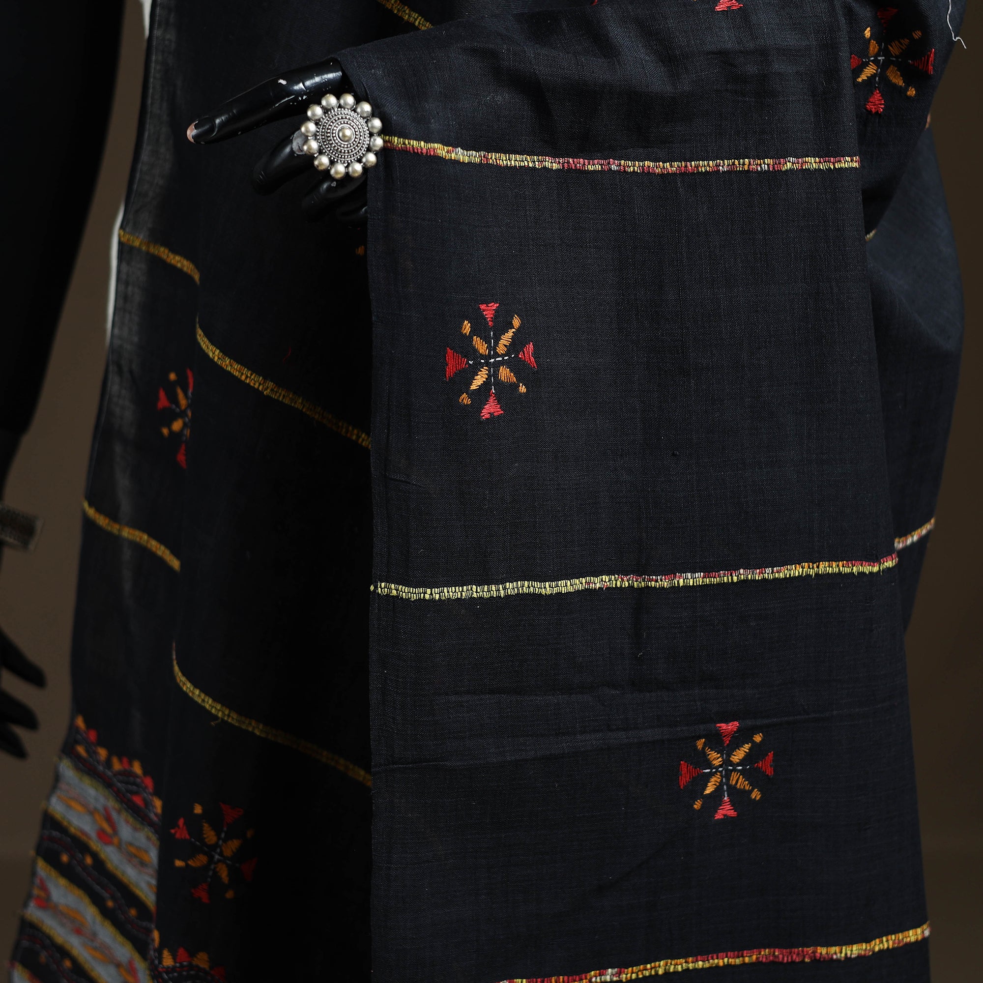 Black - Kantha Hand Embroidered Khes Handwoven Cotton Dupatta 08 - Image 3